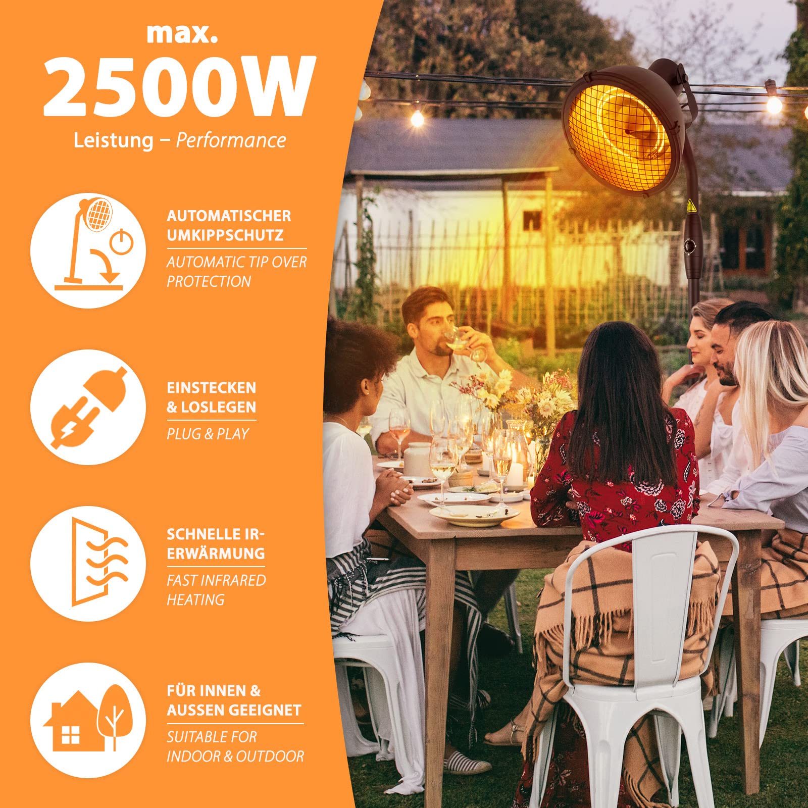 Promiennik podczerwieni na taras, 2500 W, 3 poziomy mocy, IP54, ochrona przed przewróceniem, duży obszar grzewczy, grzejnik stojący elektryczny