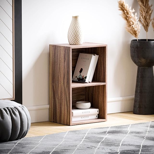 Vida Designs Oxford 2 Tier Cube Bookcase, Walnut Wooden Shelving Display Storage Unit Office Living Room Furniture