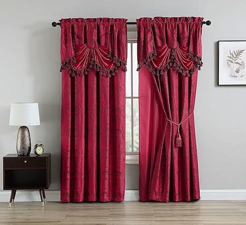 Chezmoi Collection Noble - Juego de cortinas de ventana de jacquard oriental de 4 piezas, cenefa transparente con borlas, color rojo