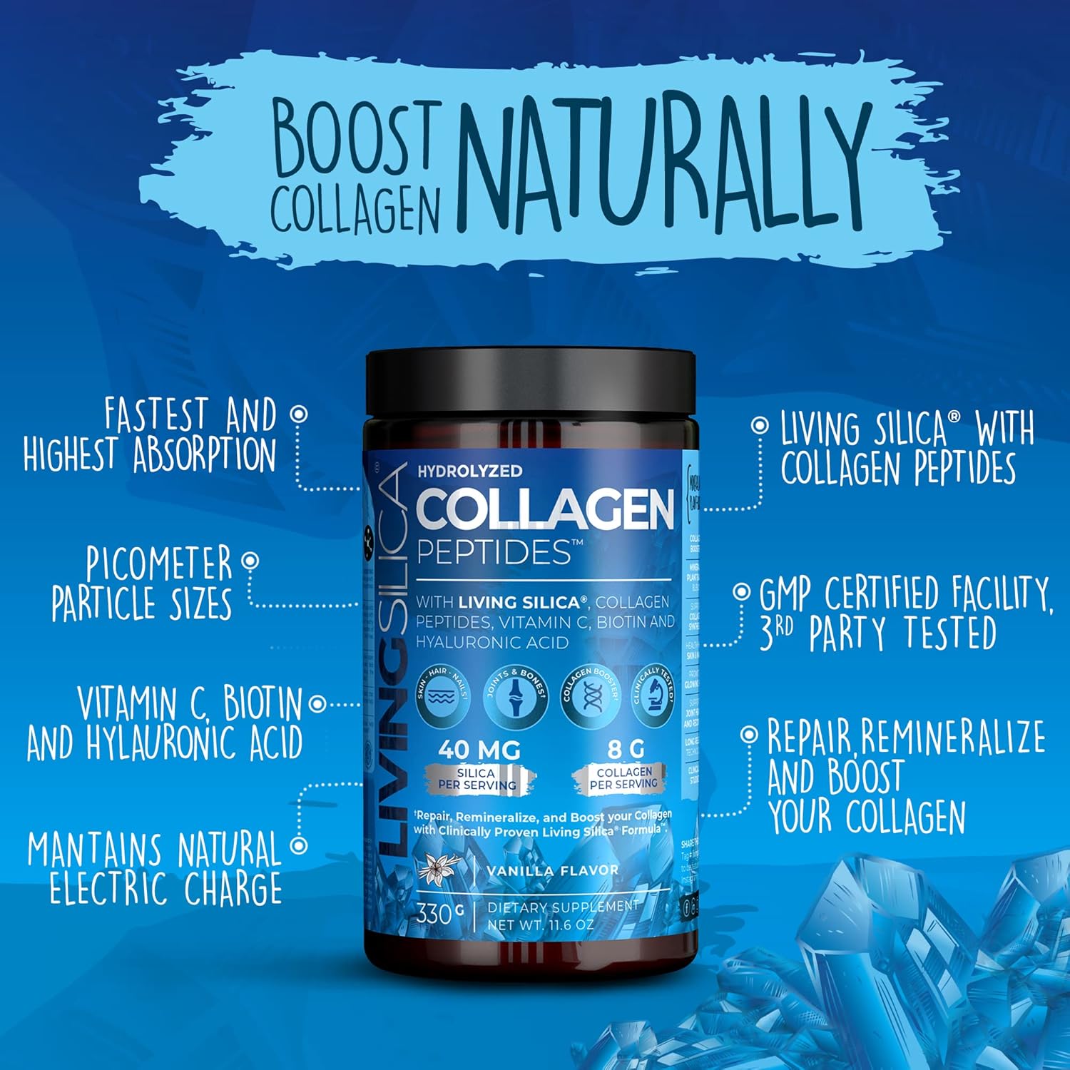 Living Silica Hydrolyzed Bovine Collagen Peptides | with Hyaluronic Acid, Biotin, Silica & Vitamin C | Premium Collagen Powder Supplement | Vanilla Flavor | (330 g / 33 Servings) : Health & Household