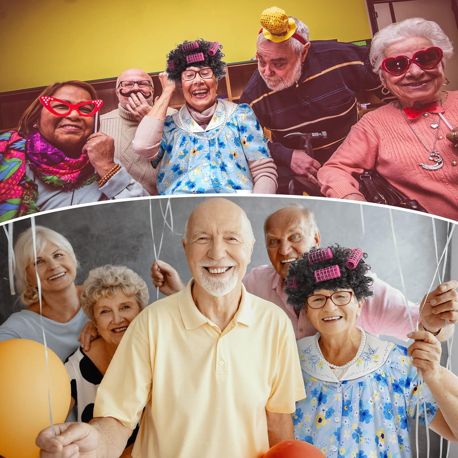 Zhanmai 11 Pcs Old Lady Costume Robe Granny Wig Hair Roller Crutch Glasses Wig Cap (Large,Fresh Style)