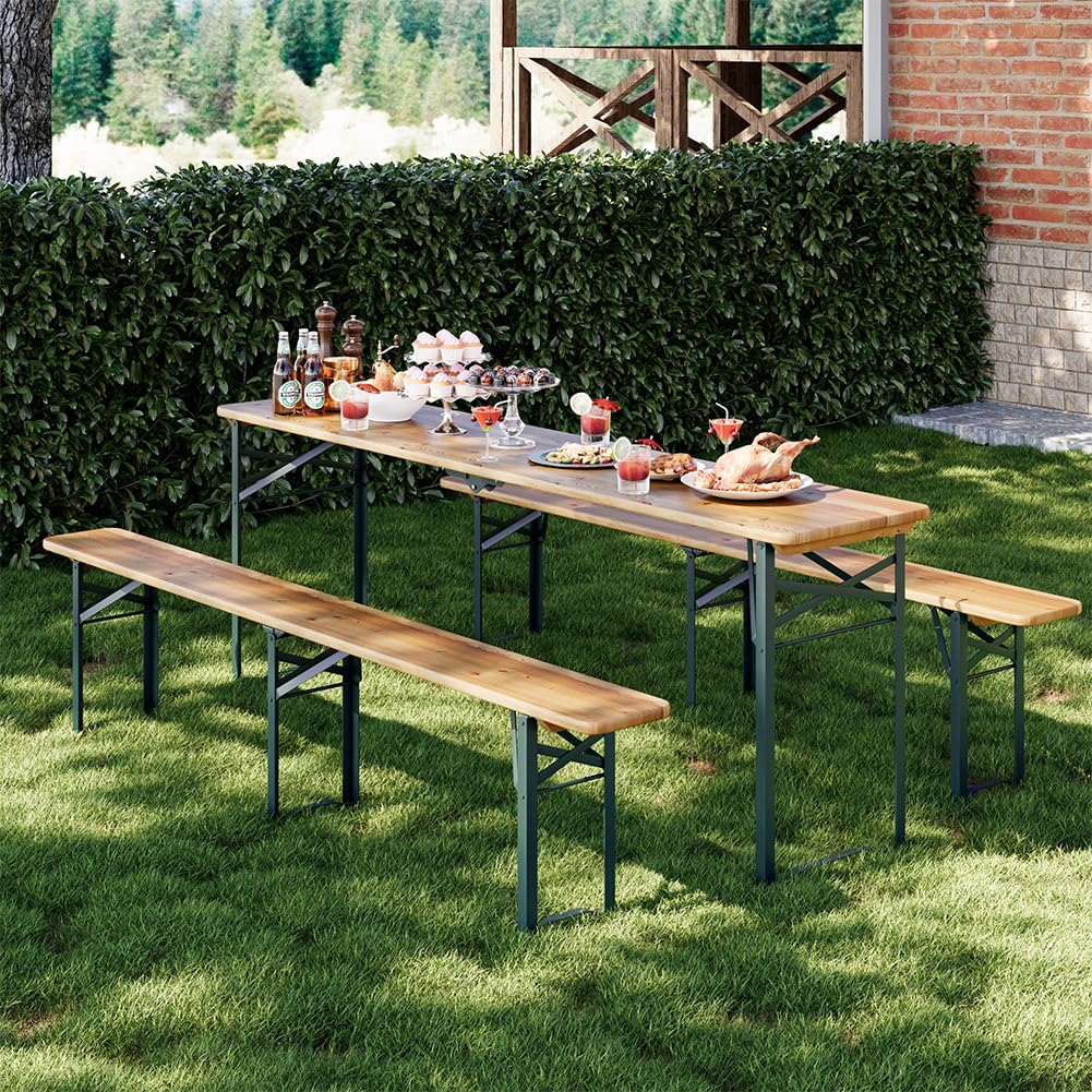 BAKAJI Set 3 Pezzi Birreria con Tavolo Pieghevole e Panche da Esterno, Struttura in Acciaio Comoda, Seduta Ergonomica e Resistente, Ideale per Giardino, Bar, Campeggio, Sagra (220 cm)