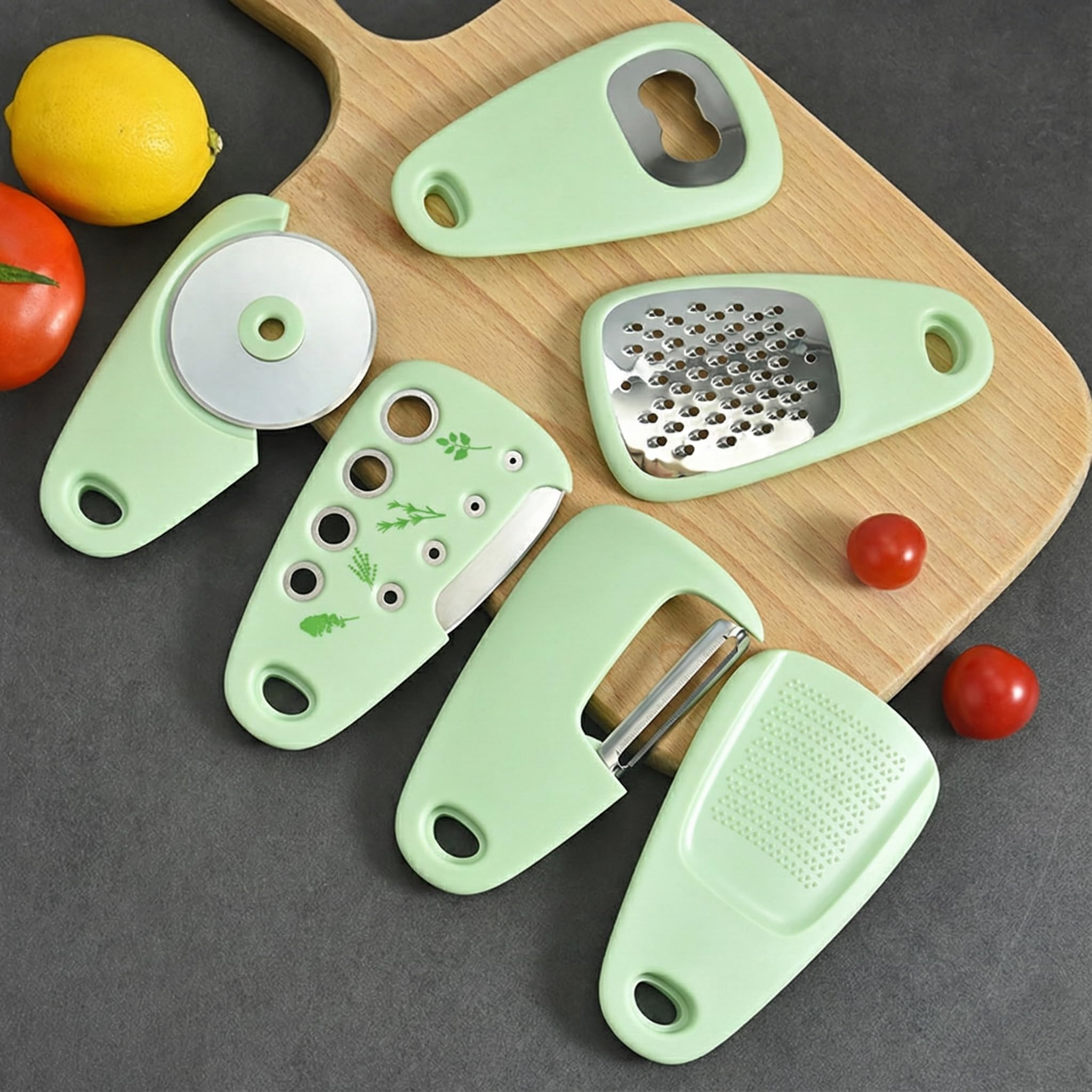 YELONA Multipurpose Kitchen Gadgets Set 6 Pieces, Space Saving Cooking Tools- Grater, Peeler, Garlic/Ginger Grinder, Bottle Opener, Pizza Cutter, Herb Stripper