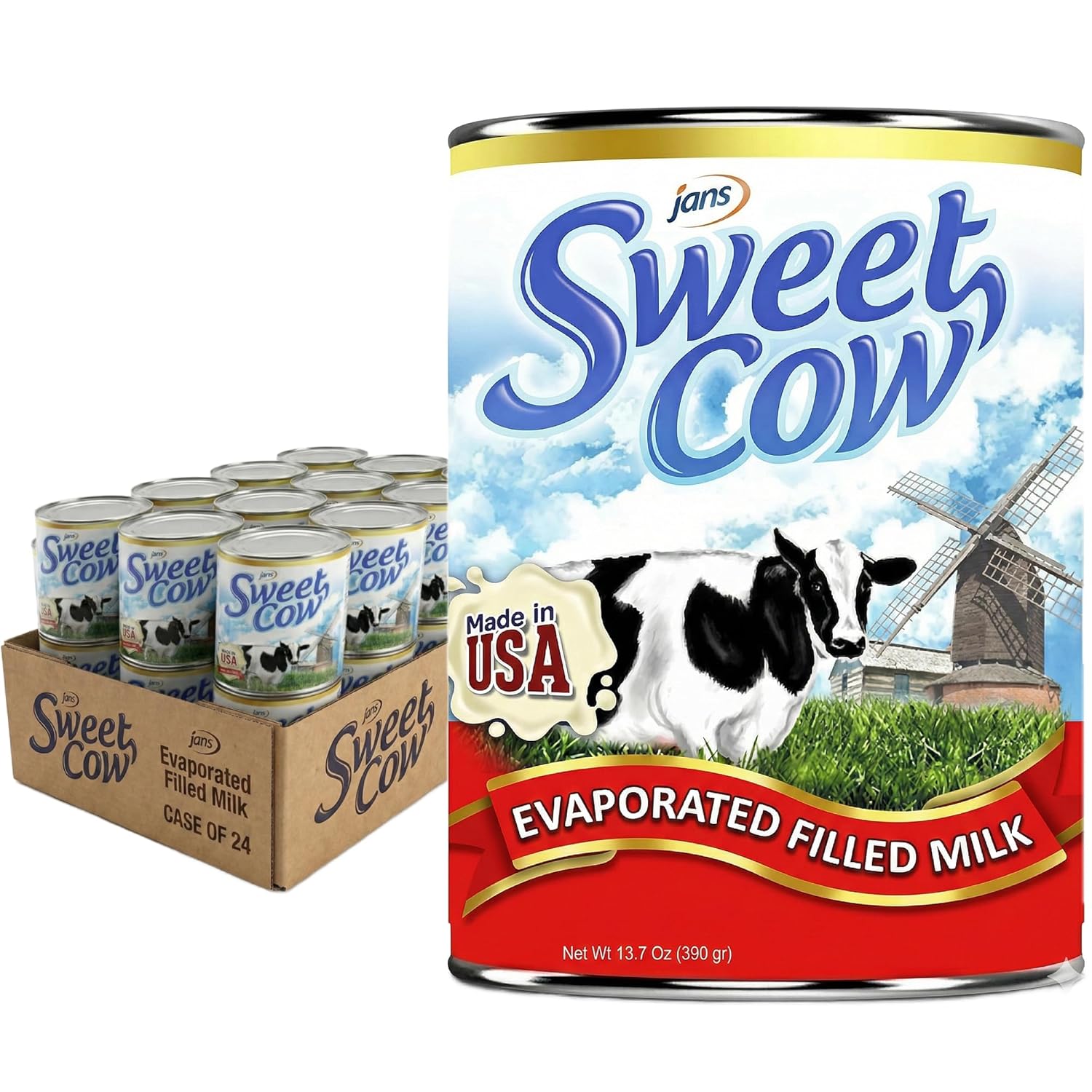 Jans Sweet Cow Evaporated Milk, 13.7 oz (Pack of 24) – Canned Evaporated Dairy Milk – Rich, Creamy Taste for Cooking, Baking, Coffee, Tea – Shelf-Stable Pantry Essential