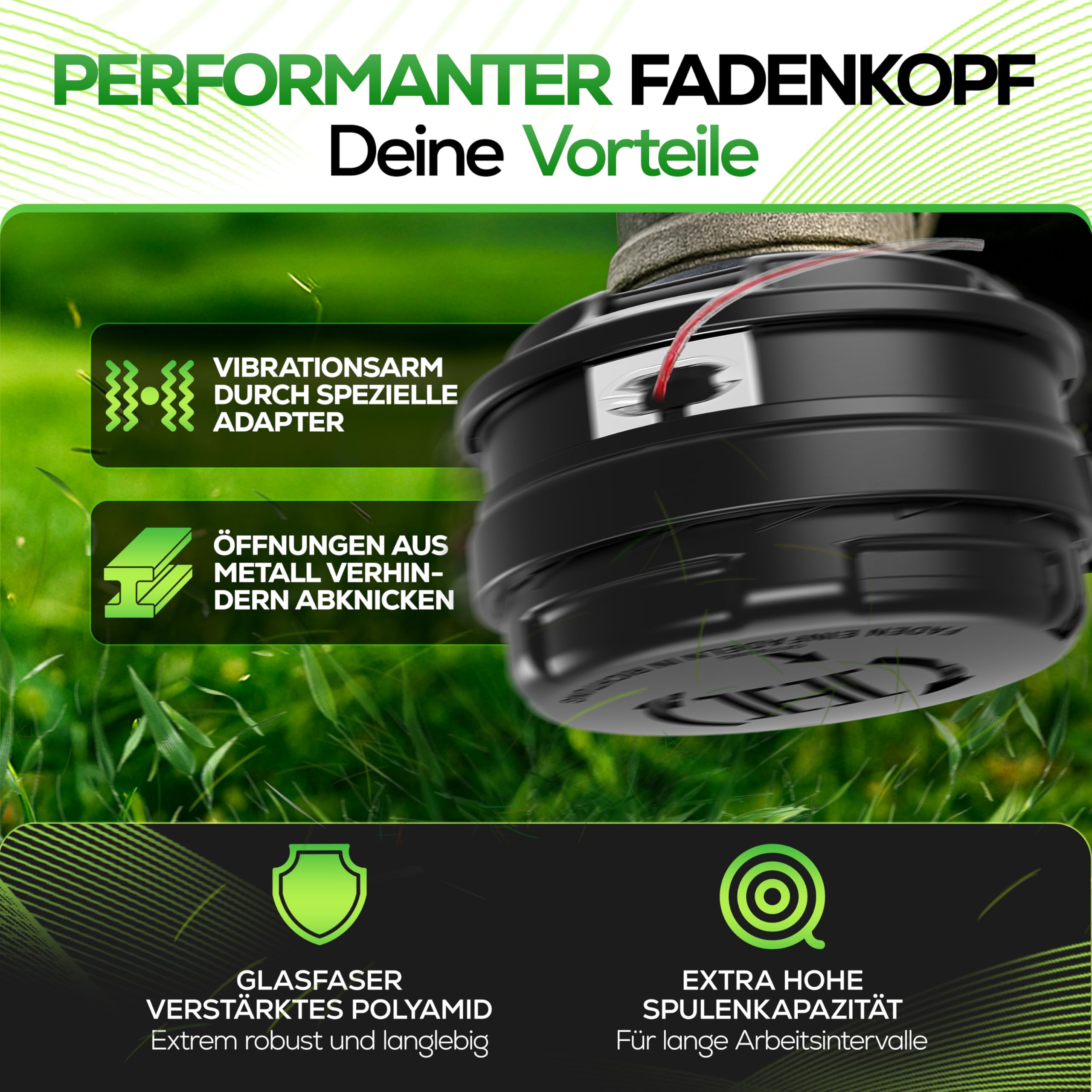 Heckenpracht® Fadenkopf für Motorsense LINKSGEWINDE mit Tap & Go System | Effizientes Rasenmähen mit Mähkopf für Freischneider mit Schnellladefunktion - Fadenspule inkl. 5 Adapter