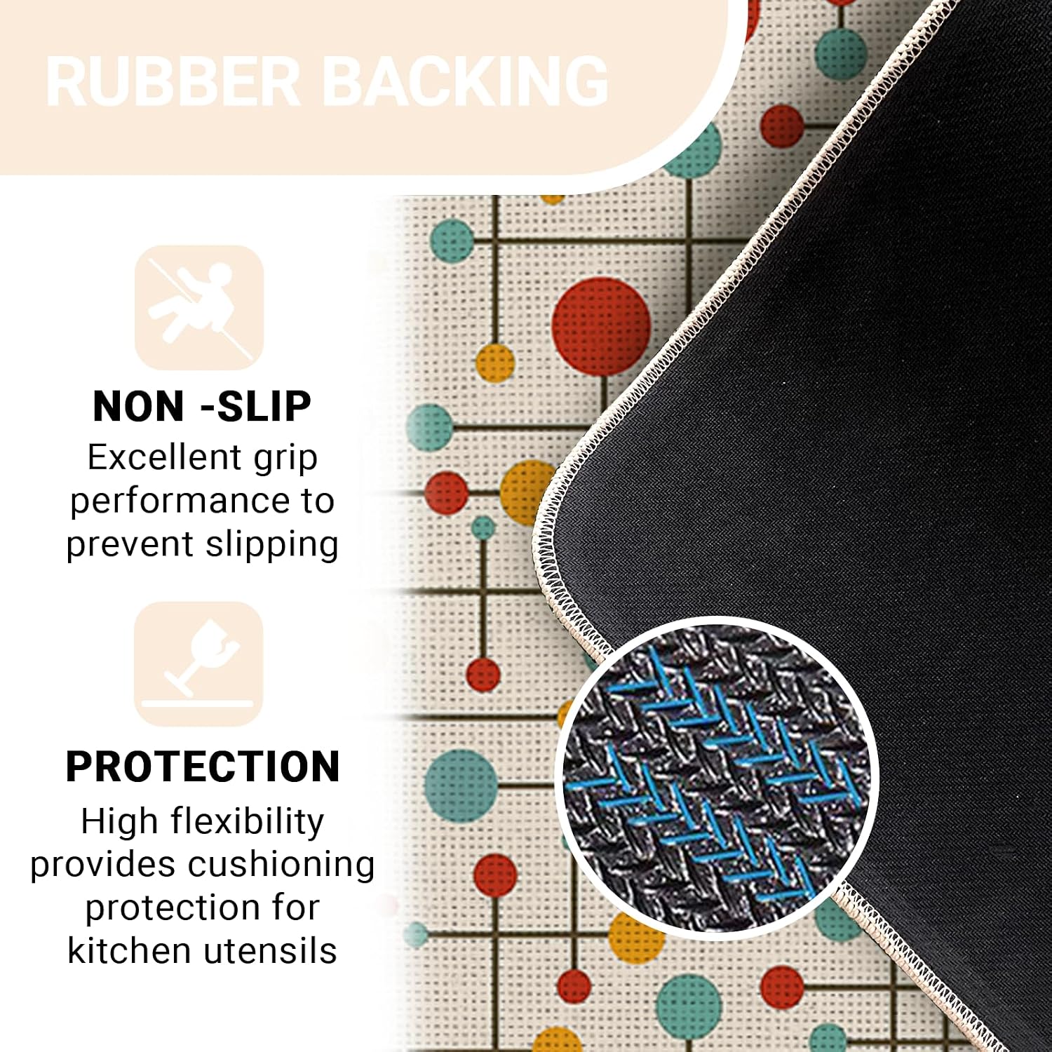 Mid Century Modern Retro Atomic Kitchen Rugs Set of 2, Colorful Polka Dots Geometric Floor Mats Decor, Vintage Door Mat Home Decorations - 17x29 and 17x47 Inches