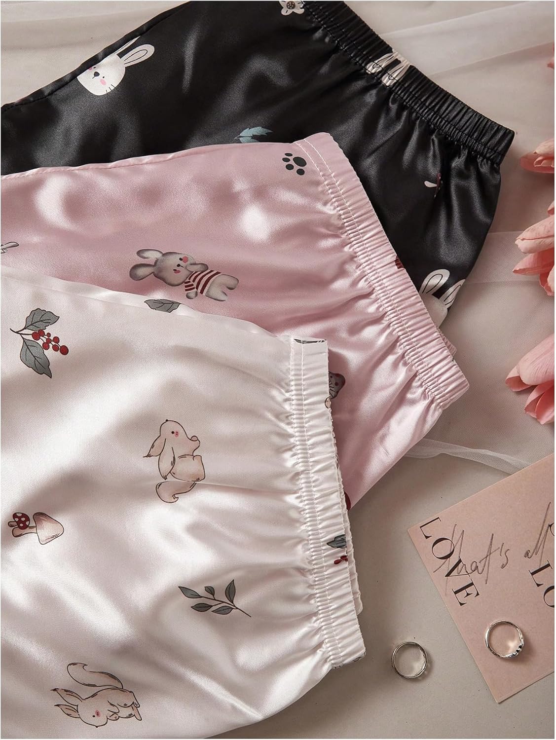 GORGLITTER Women's 3 Piece Satin Pajama Sleep Shorts Cute Soft Floral Print Christmas Lounge Pj Shorts - Image 4