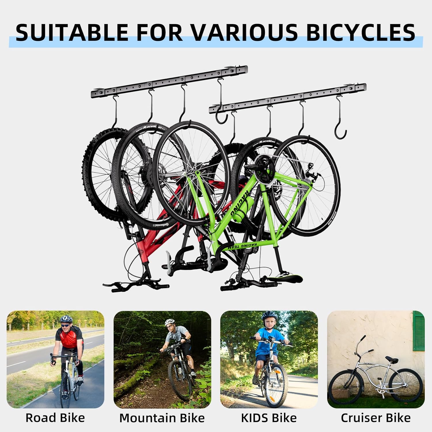 Urban Deco Ceiling Mounted Bike Rack for Garage, Indoor Metal Bike Hanger with 8 Adjustable Ceiling Hooks Hold 4-8 Bikes, Space-Saving Garage Bike Storage for Storing Bike (2-Piece Set)