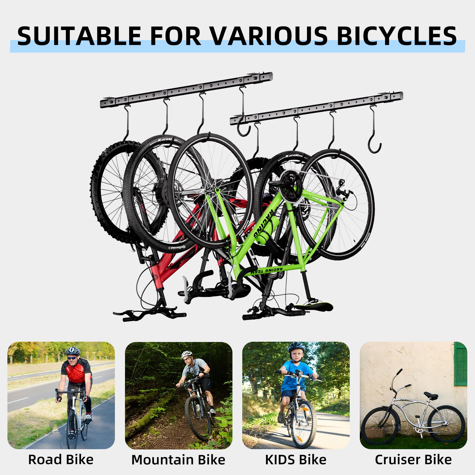 Urban Deco Portabici da soffitto per garage, sistema di ganci per biciclette con 8 ganci regolabili da soffitto per contenere 4-8 biciclette, soluzioni di archiviazione per biciclette da garage per