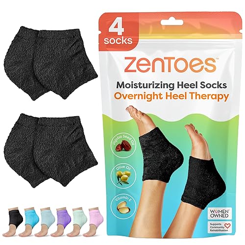 ZenToes Moisturizing Socks for Cracked Heel Treatment - Vitamin E, Olive Oil and Jojoba Oil Infused Heel Socks to Soften and Hydrate (Fuzzy Black, Wide Width) - Fuzzy Black - Wide Width
