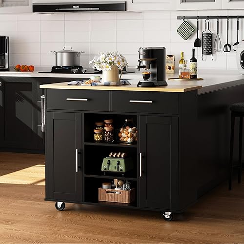 Miniatura 111 de Shintenchi Carrito de isla de cocina con almacenamiento, mesa auxiliar de isla de cocina con ruedas con encimera, armario de almacenamiento de una