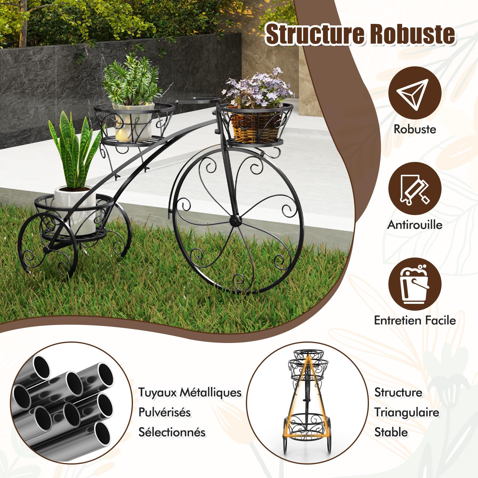 COSTWAY Support pour Plantes Tricycle, Porte-Pot de Fleurs en Métal à 3 Niveaux avec 3 Panier Découpés et Roues Élégantes Style Parisien, pour Patio Jardin Balcon (Noir)