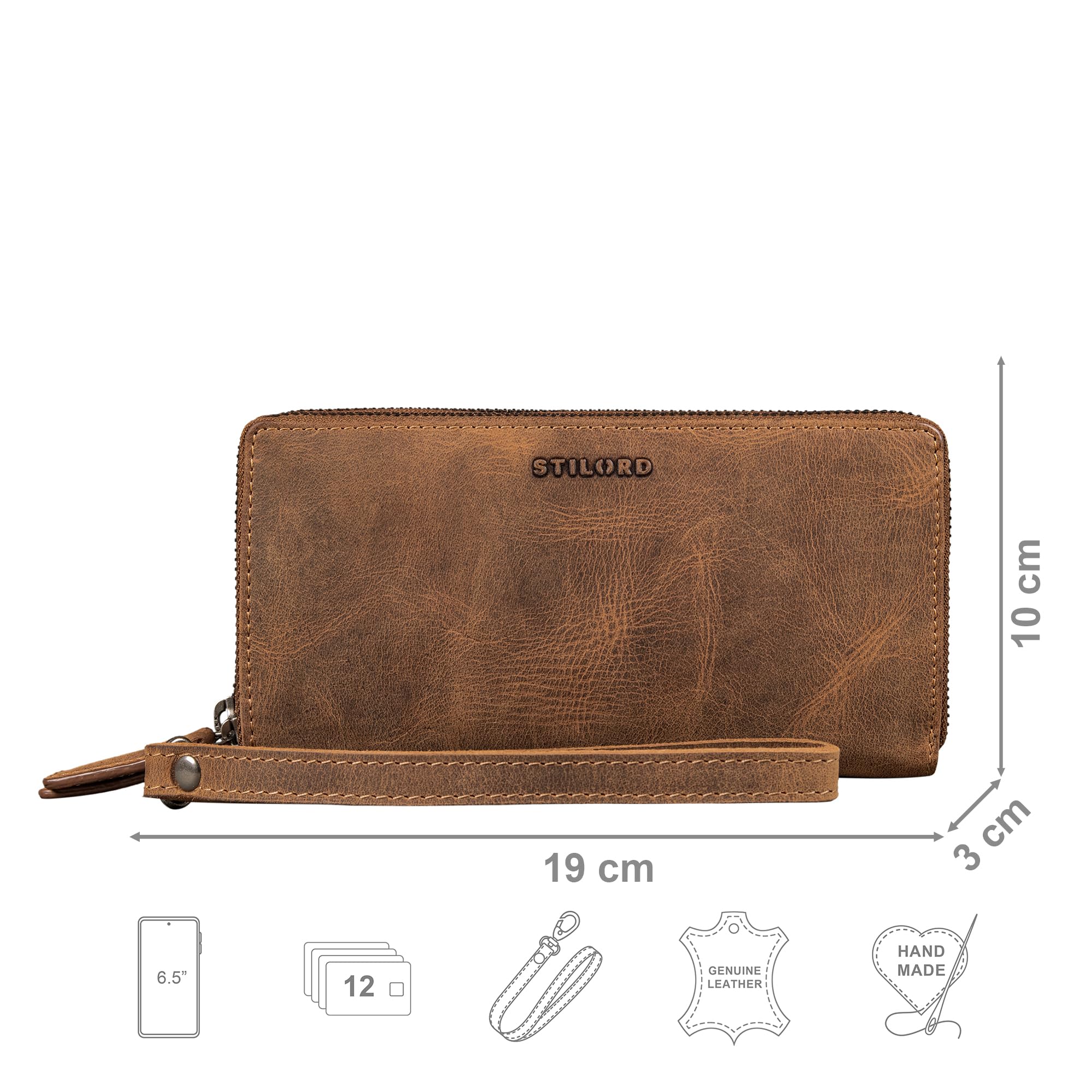 STILORD "Poppy 3-in-1 XL Leder Geldbörse Damen Groß mit Handyfach 12 Kartenfächer Doppelter Reißverschluss RFID-Schutz Clutch Echtleder Portemonnaie mit vielen Fächern Farbe:Bergamo - braun