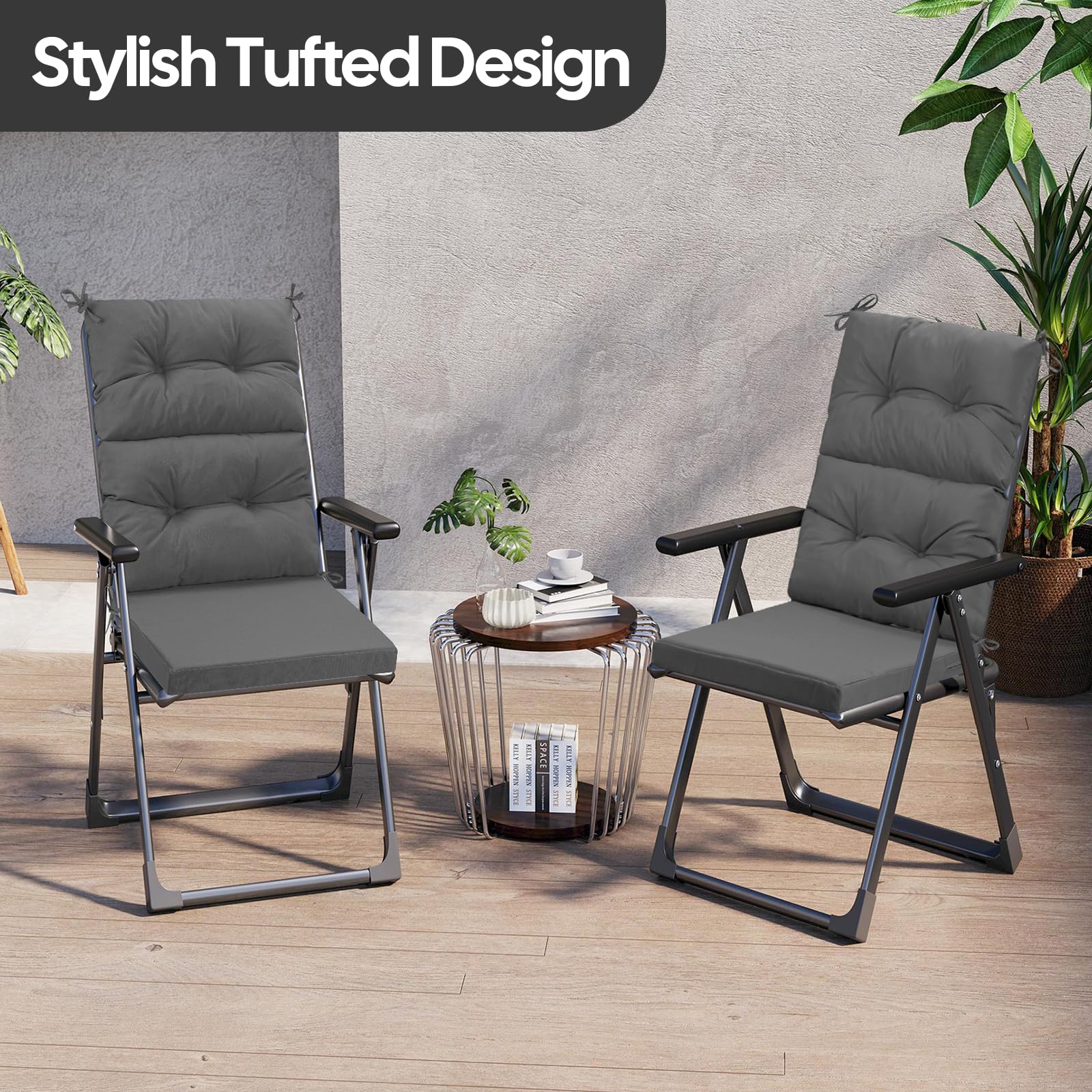 Cuscino per sedia da giardino con schienale alto, 120 x 50 cm, impermeabile, in rattan, con schienale trapuntato e laccetti, per mobili da giardino e patio, lettini, 120 x 50 cm, grigio