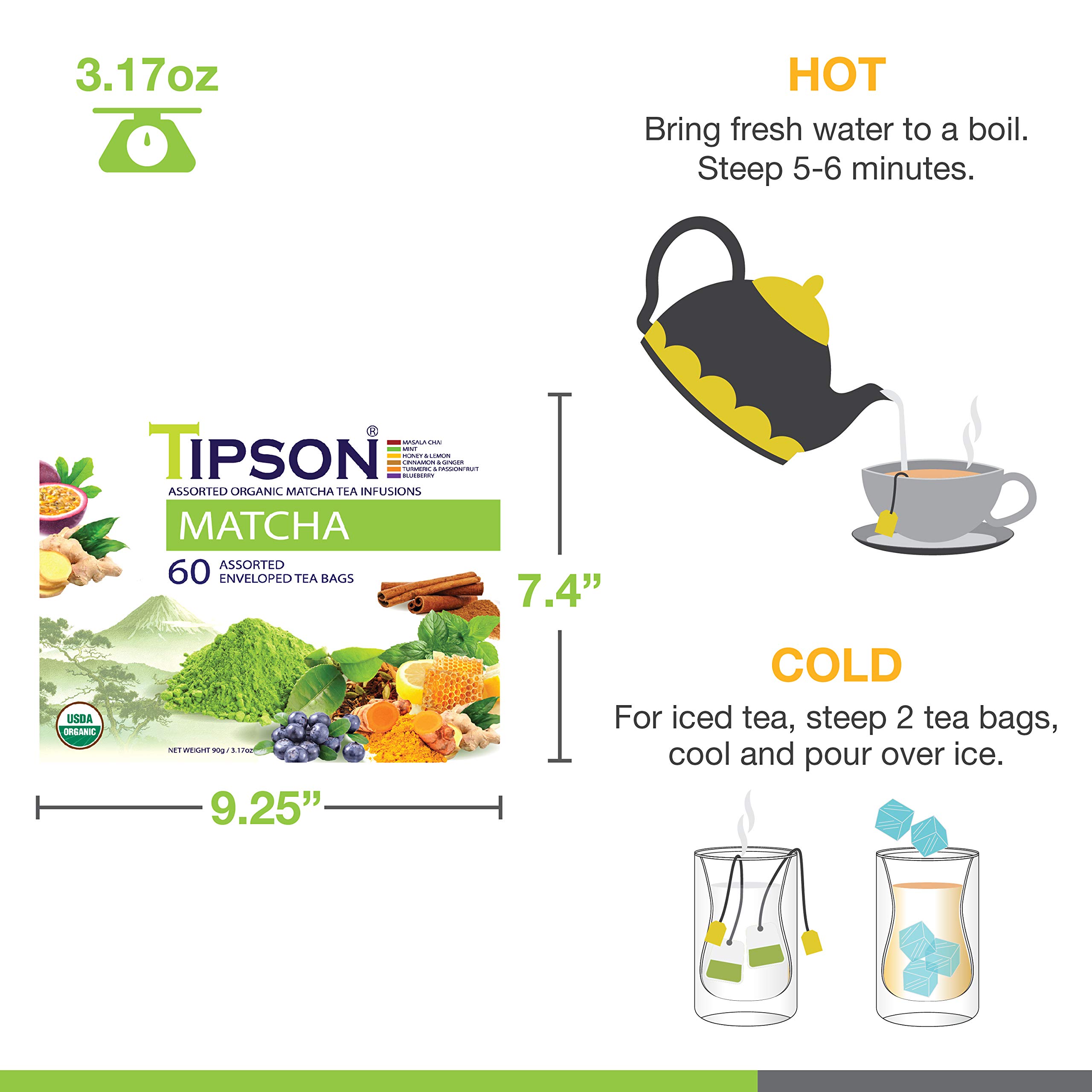 Tipson Organic Matcha Variety Sampler - 6 Flavors 60 Tea Bags Herbal Tea Infusions - USDA Organic Non — view 7