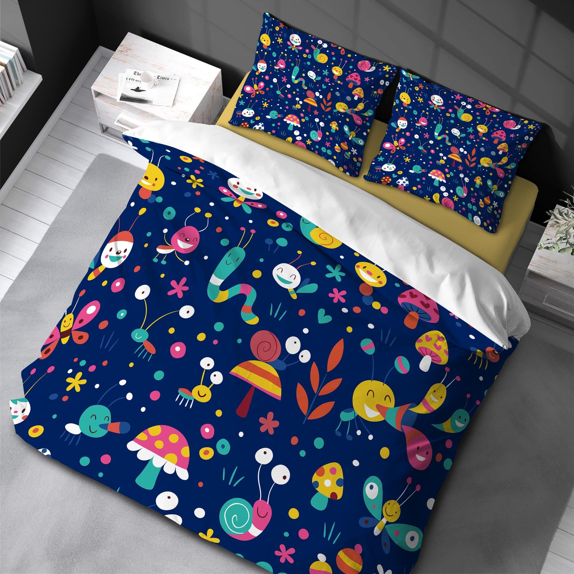 Parure de lit imprimée 3D champignons et serpents en microfibre douce avec taies