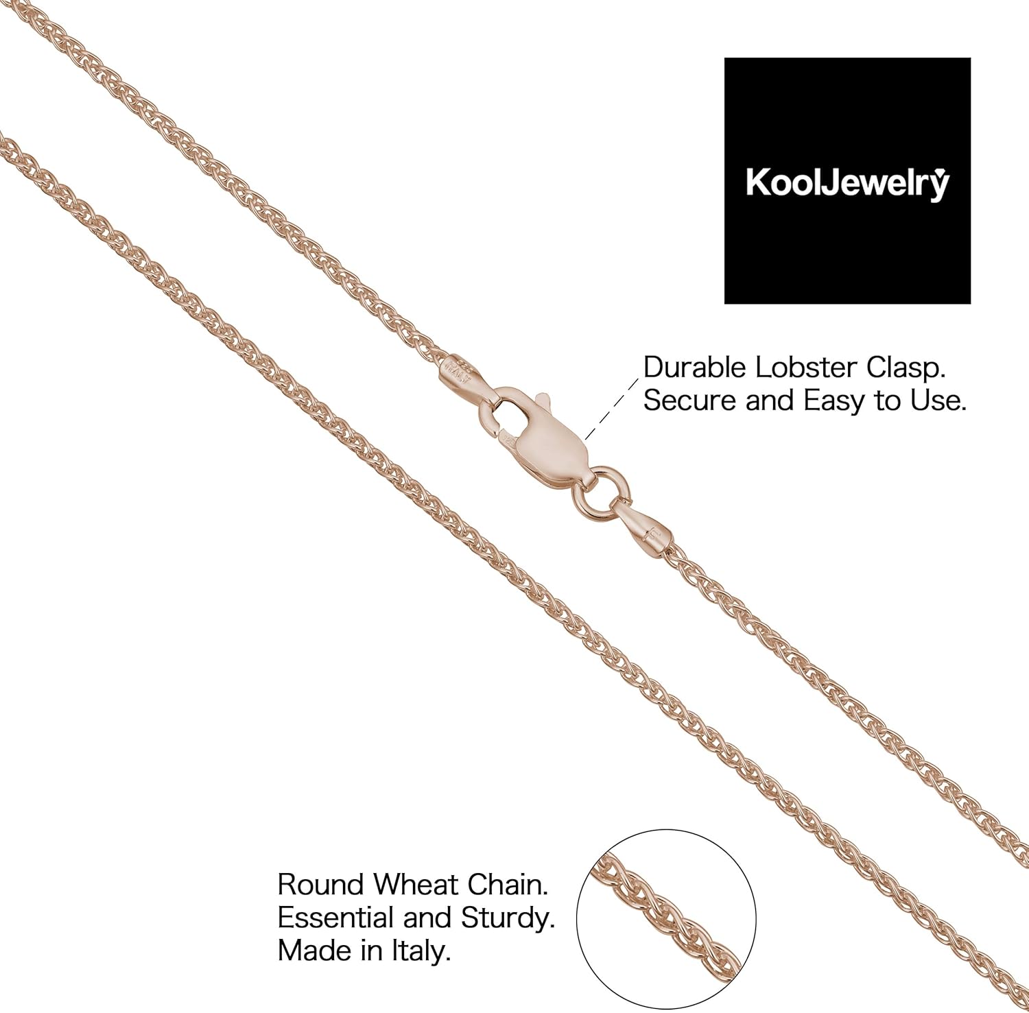 Kooljewelry Rose Gold Plated Sterling Silver Round Wheat Chain Necklace (1.5 mm)