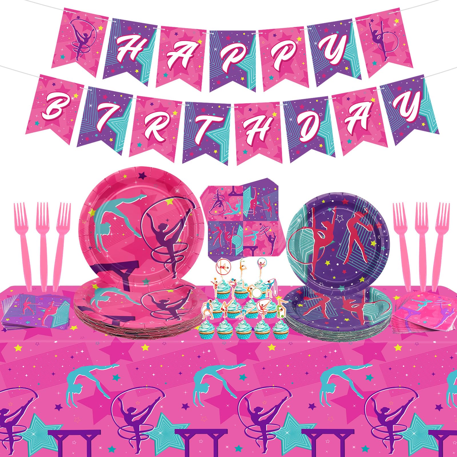 Gymnastics Birthday Party Decorations - Gymnastics Theme Party Supplies for Your Little Dance Gymnasts with Gymnastics Banner, Tablecloth, Plates,