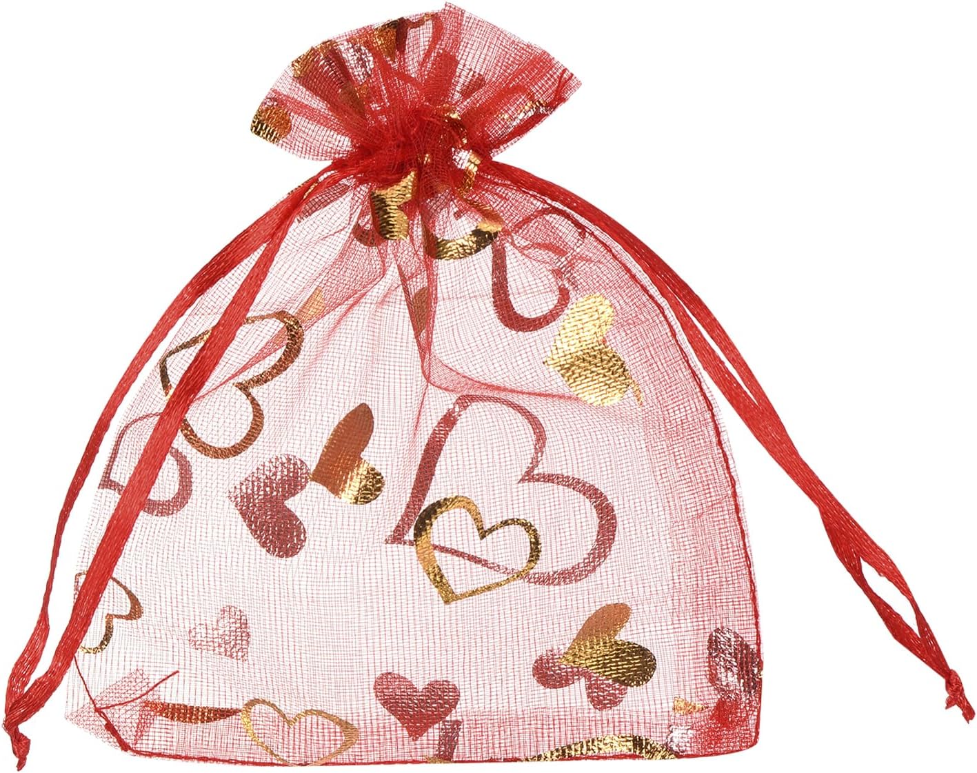 MECCANIXITY Organza Bag 4" x 5", Sheer Heart Mesh Bags Drawstring Gift Bags Bulk Party Favor Bag Jewelry Pouches for Wedding Candy Valentines Wedding Festival (Red-Gold, Pack of 50)