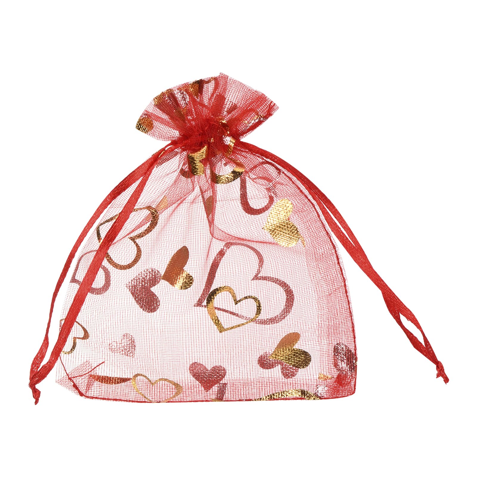 sourcing map Organza Bag 10x12cm,Sheer Heart Mesh Bags Red-Gold,50pcs