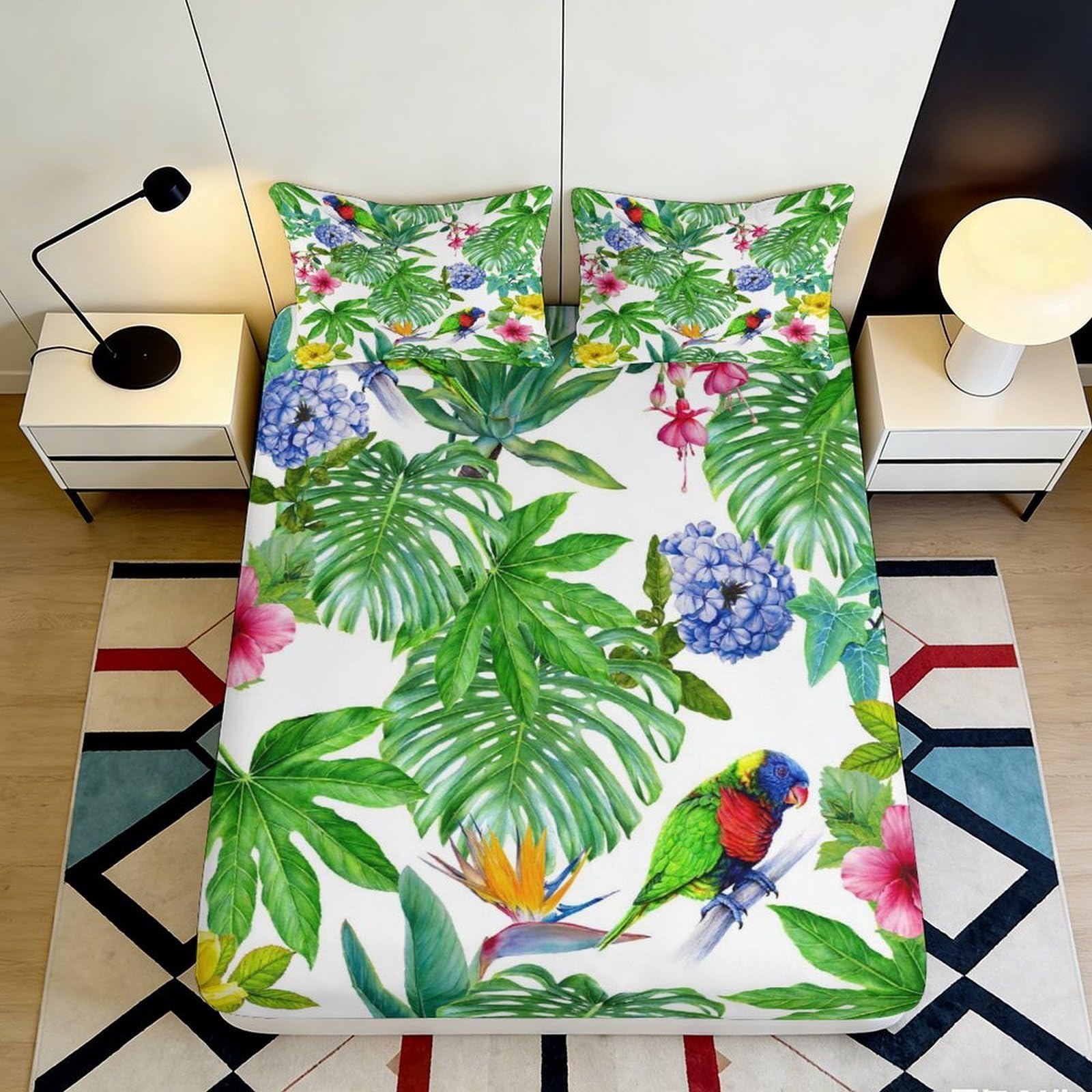 Jqzkxnhpbr Style-1 3D Printed Tropical Jungle Fitted Sheet Microfiber Parrot Flowers Mattress Cover For Bedroom Guest Room Decor Easy Care 90X200x25cm
