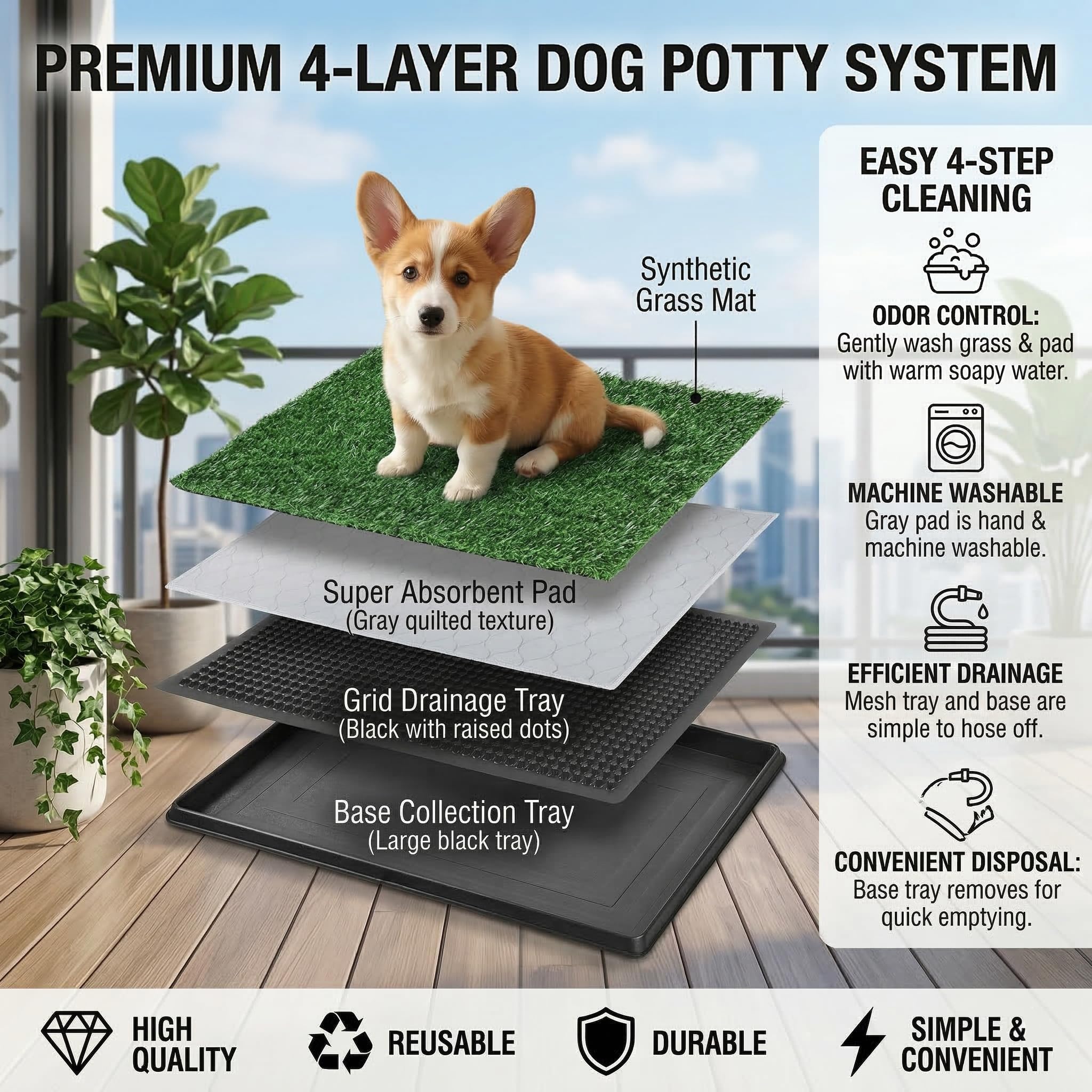 Hundegras-Pad Hundetoilette Töpfchen mit Tablett Kunstrasen-Töpfchen-Trainingspad Wiederverwendbares Hundeklo für drinnen 16 x 20 Zoll für Welpen, kleine Hunde, Balkon, Wohnung, waschbar