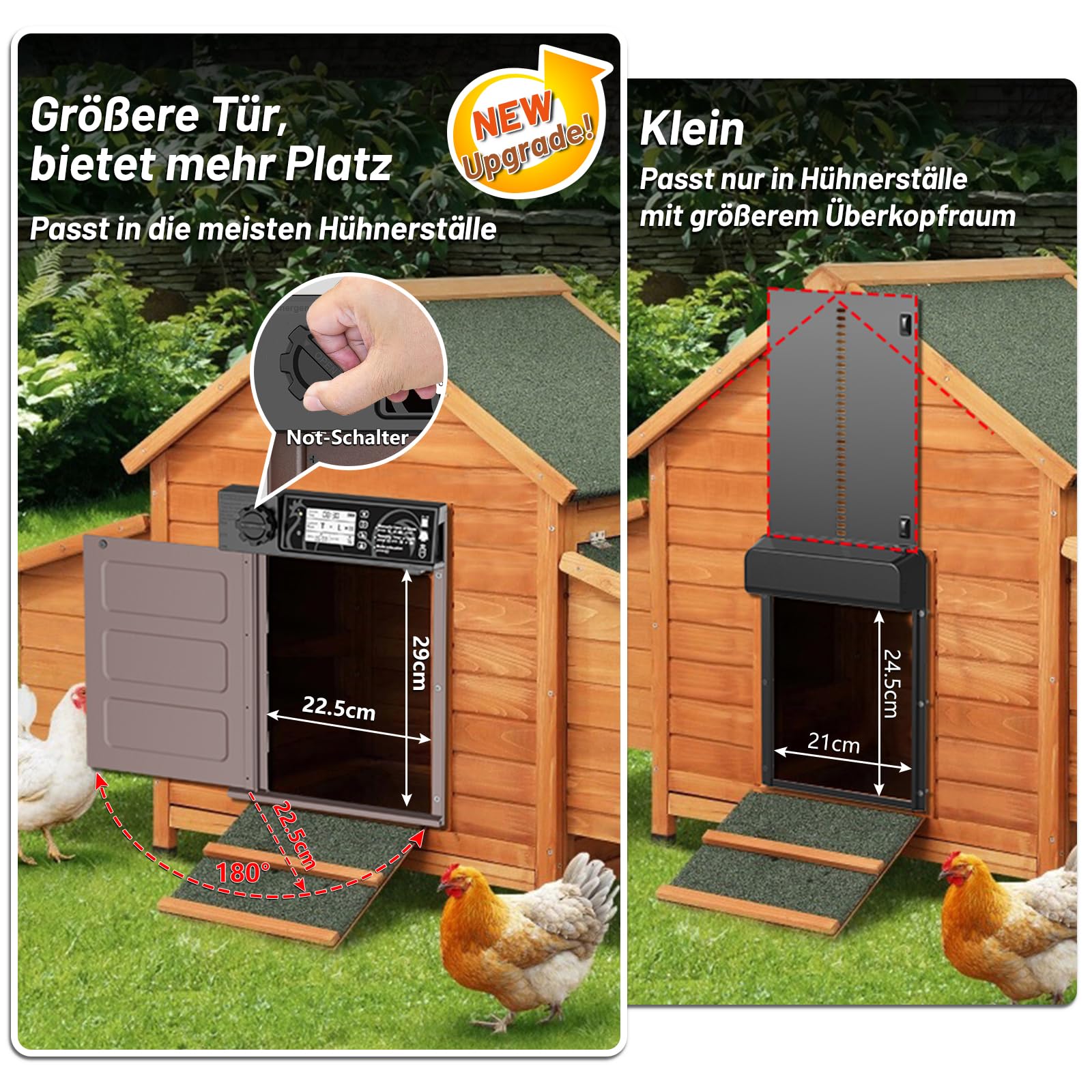 Große Größe Automatische Hühnerklappe Solar, Aluminum Hühnerklappe Automatisch Seitliche Öffnung, Elektrische Hühnertür mit 7W Solarpanel, LED Display, Lichtsensor, Timer, Fernbedienung