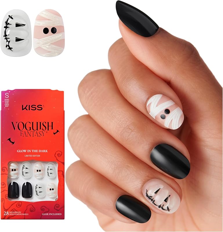 KISS Voguish Fantasy Halloween Press On Nails, ‘Creepy Flavors’, Black and White, Short Oval, Glow In The Dark, 3D Effect, Pink Gel Nail Glue (2g), 28 Fake Nails