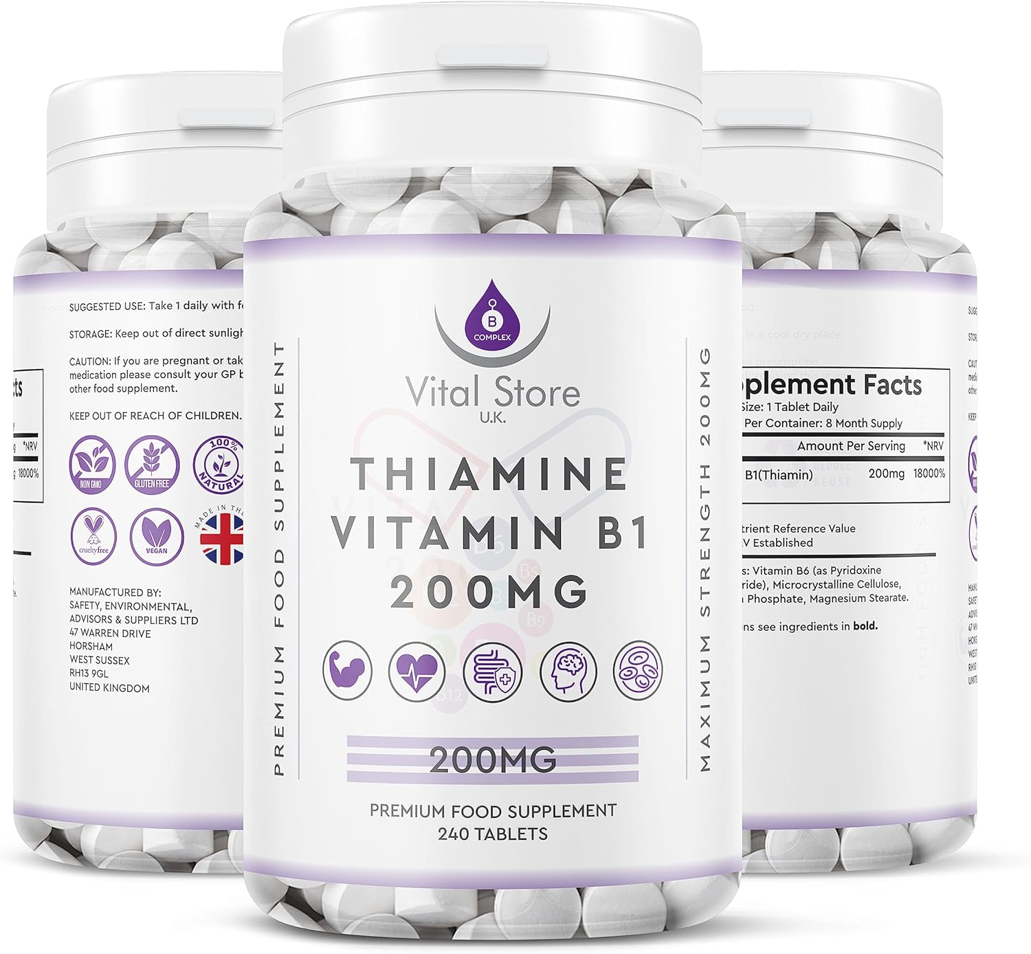 Vitamin B1 Thiamine Supplement 200 mg 240 GlutenFree Tablets (8