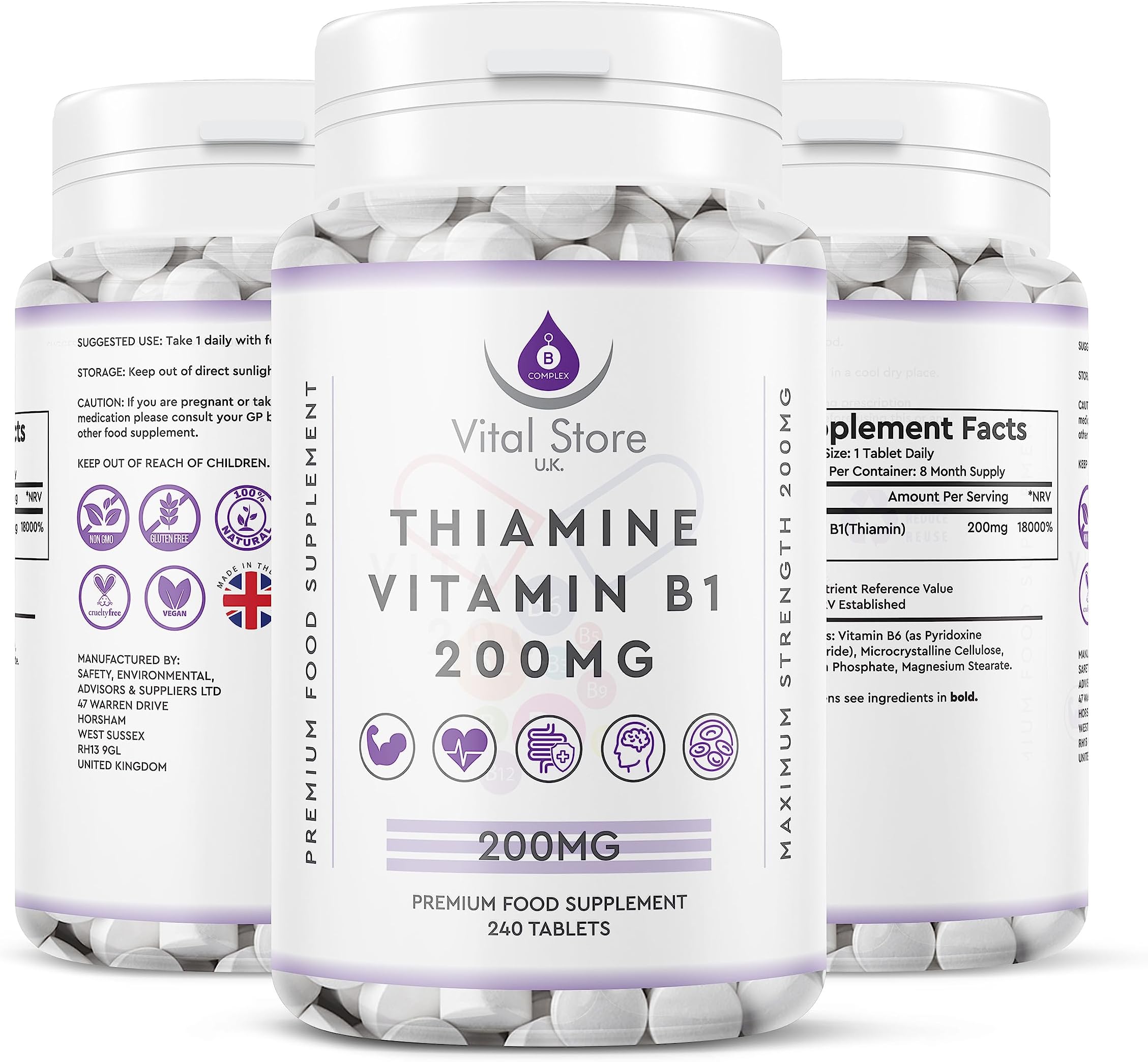 Vitamin B1 Thiamine Supplement 200 mg - 240 Gluten-Free Tablets (8 Month Supply) High Strength Vegan Supplements, Support Heart, Nervous System, and Immune Health