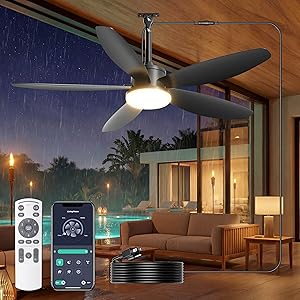 Outdoor Ceiling Fan with Lights, 42 Inch Plug in Gazebo Fans with Remote APP Control, Quiet DC Motor, Dimmable 3CCT, Waterproof Hanging Fans for Patios, Porch, Black