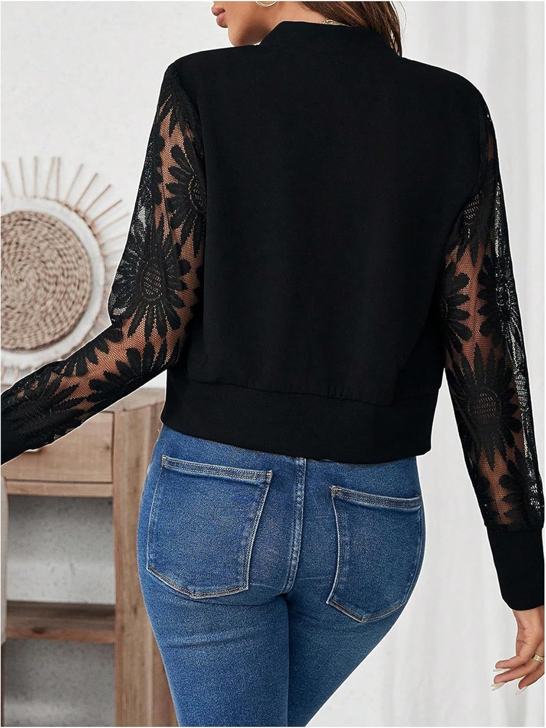 OYOANGLE Women's Contrast Lace Zip Up Long Sleeve Bomber Jacket Casual Fall Lightweight Outerwear - Image 3