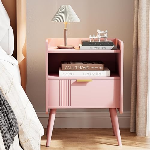 Miniatura 10 de Mesita de noche moderna con cajón de almacenamiento y estante abierto, mesita de noche pequeña, soporte lateral de sofá de madera para dormitorio,