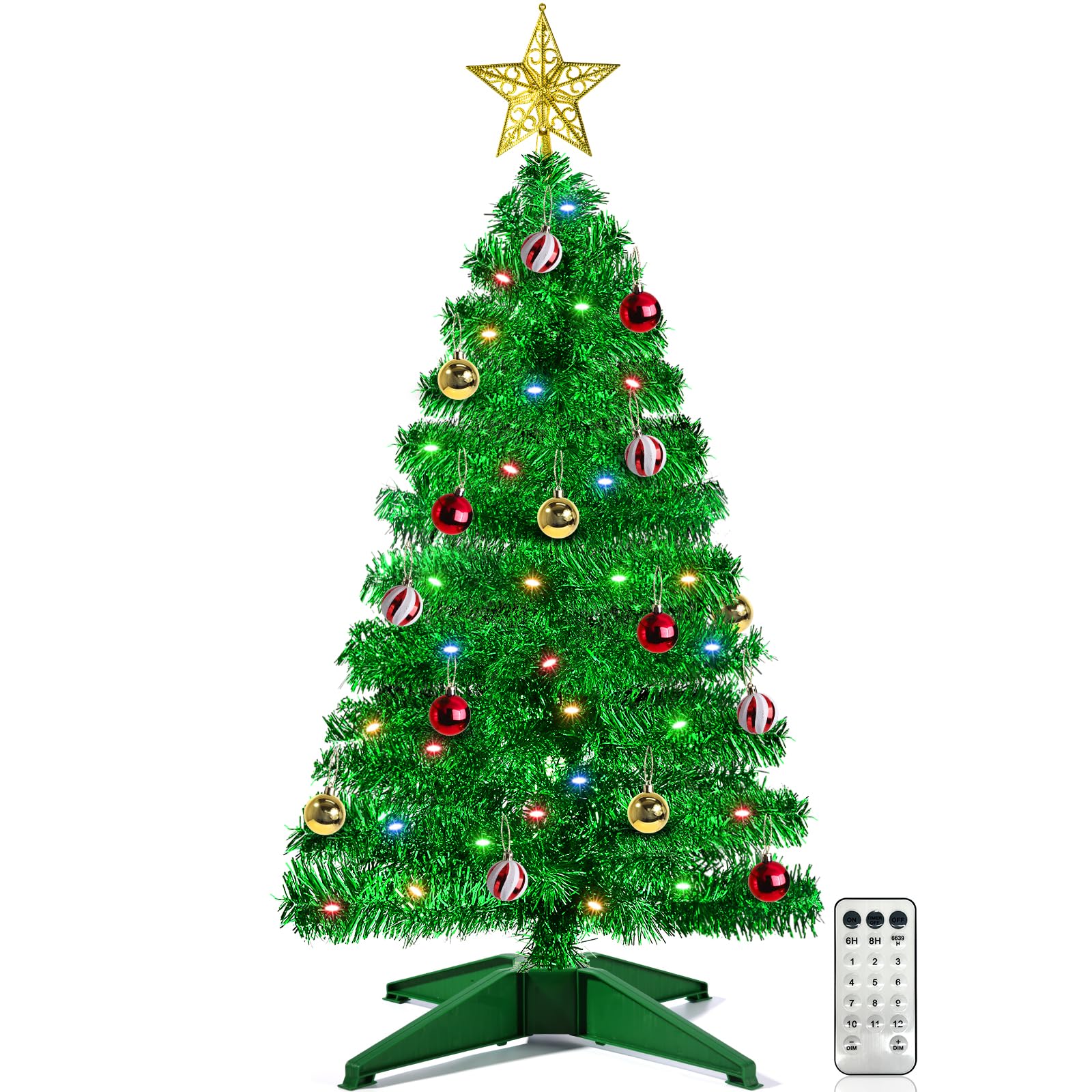 [ 12 Modes & Remote Control ] 3 Ft Christmas Tree with Timer 50 Four Color LED Lights DIY 15 Ball Ornaments Star Artificial Pencil Full Xmas Tree Indoor Outdoor Home Holiday Decoration (Green)…