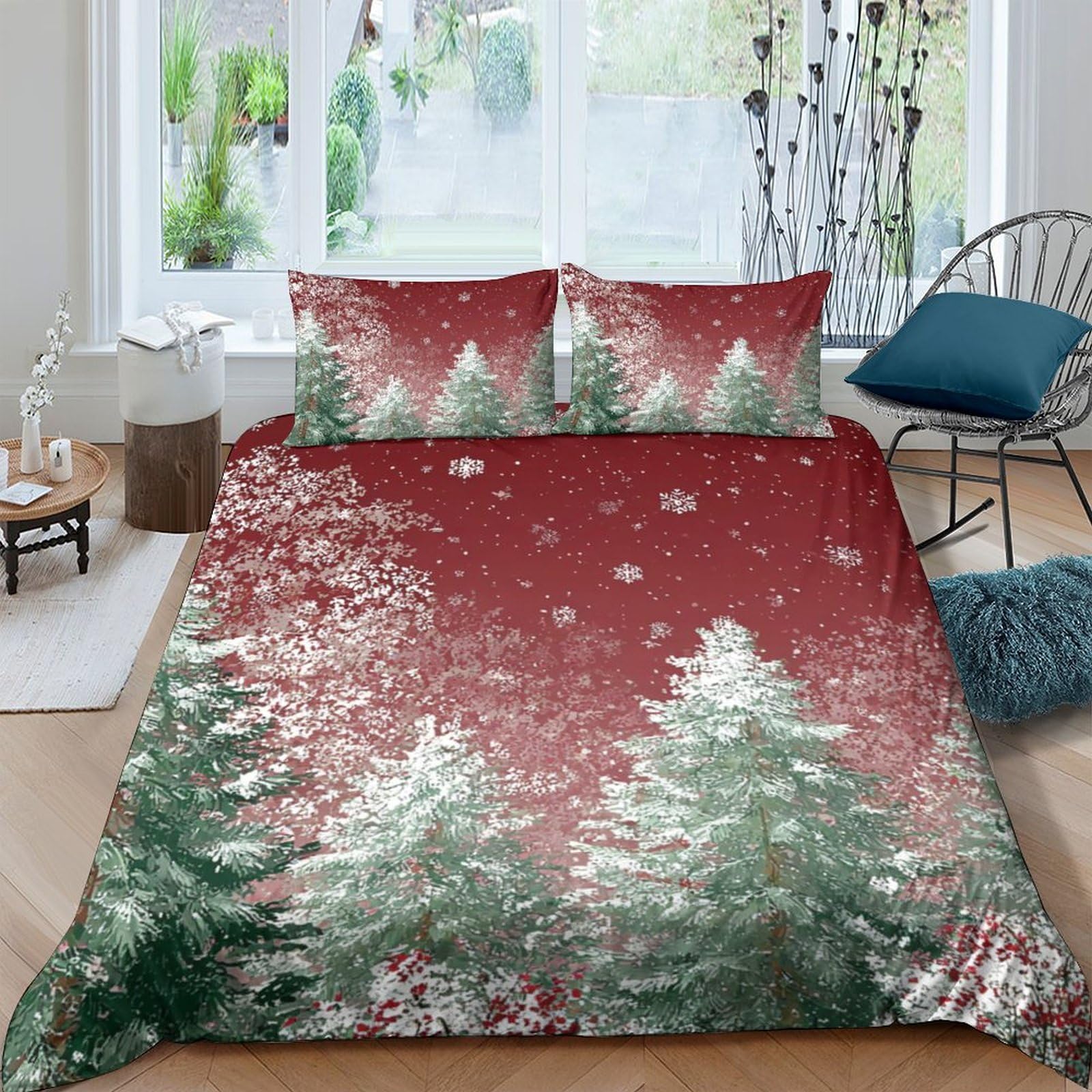 Ctjqhvkz Style-10 3D Printed Snowy Christmas Tree Fitted Sheet Microfiber Soft Red Green Bed Cover For Bedroom Guest Room Decor Single（135X200cm）
