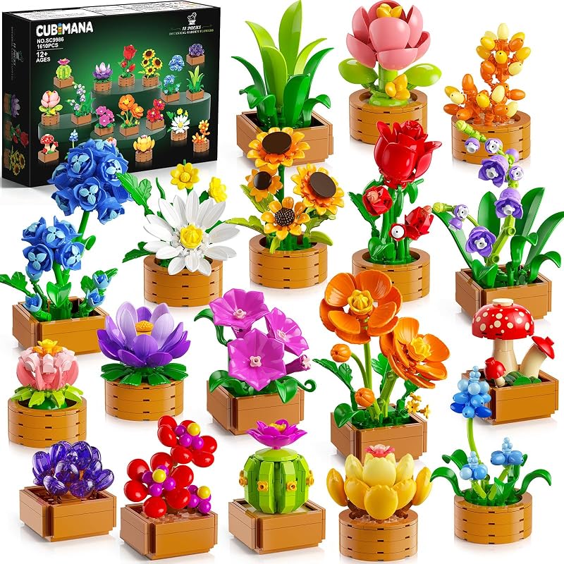 18 Pack Flowers Botanical Mini Building Set for Adults Girls 6-12+ | 1610PCS Flower Plants 3.6MM Building Block Toys, Home Office Decor, Party Favors DIY Craft Kit, Birthday Gifts for Women Kids