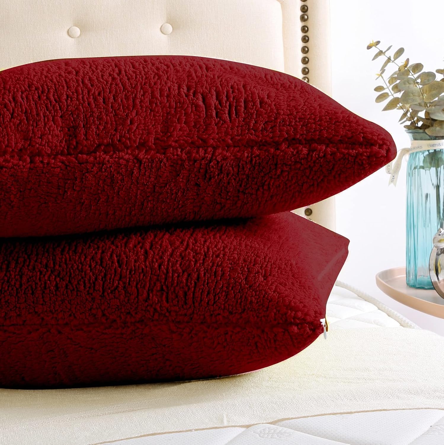 Reafort Sherpa Pillowcases Set of 2, Plush Fleece Standard Pillow Covers 20" x 26" with Zipper Closure, Fluffy Ultra Soft Cozy Pillowcases (Wine, 20”x26” Standard Sham)