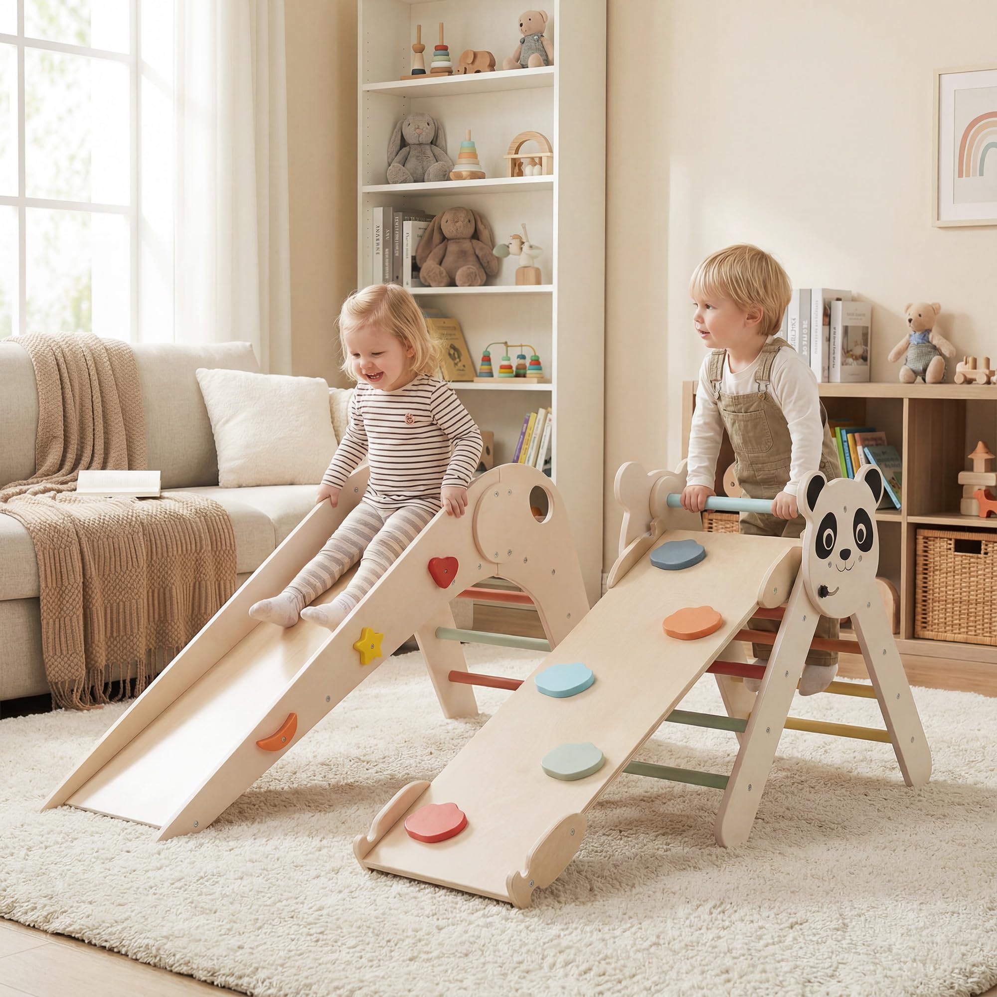 RELAX4LIFE 4 in 1 Triangolo da Arrampicata, Arco da Arrampicata in Legno con Scala e Scivolo, Rampa a Doppia Faccia, Triangolo Giochi Montessori per Bambini 3+Anni (Beige)