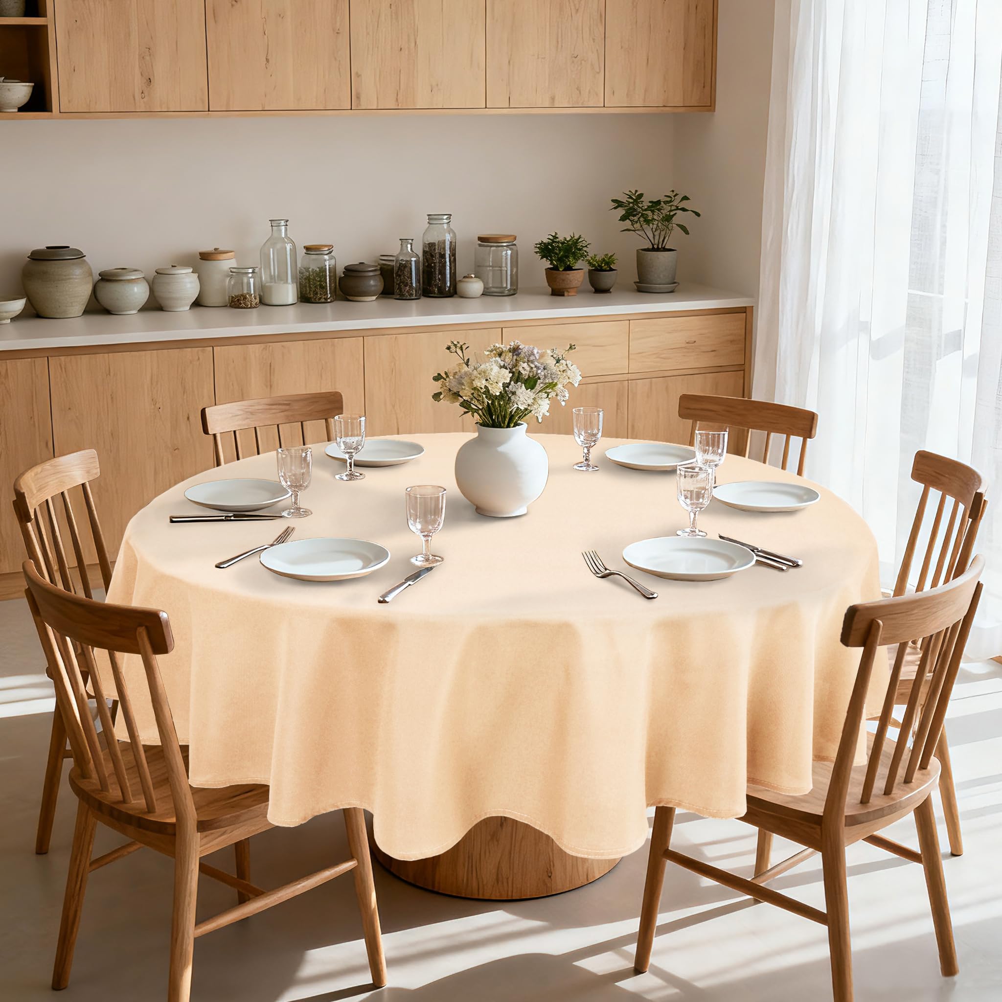 XWZO Round Tablecloth 108 Inch Polyester Table Cloth, Large Round Table Cover Waterproof Wipe Clean Spillproof for Kitchen Dining Wedding Outdoor Picnic Buffet Party, Beige