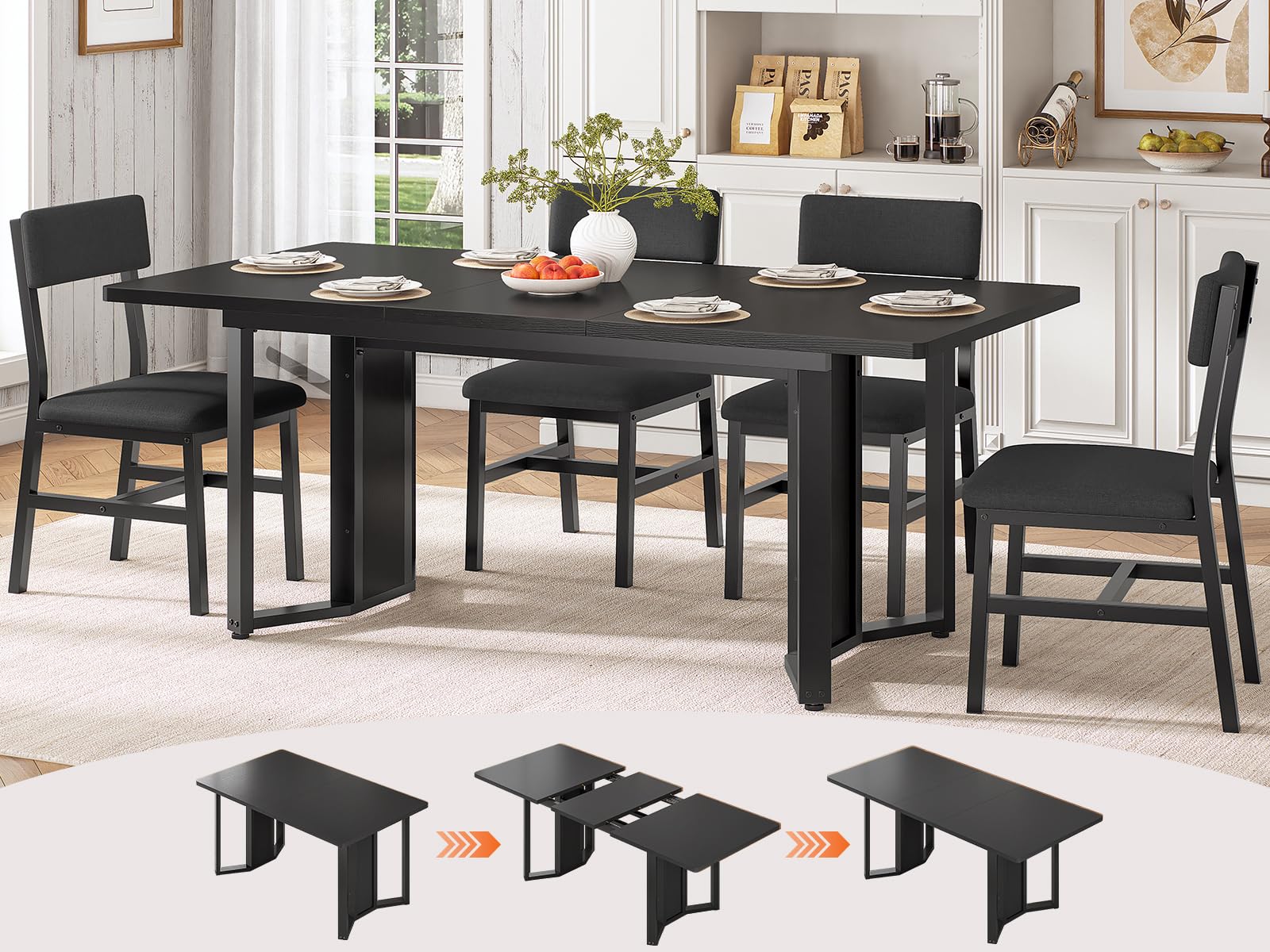 Itaar 5-piece extendable dining table set in black with 4 cushioned chairs