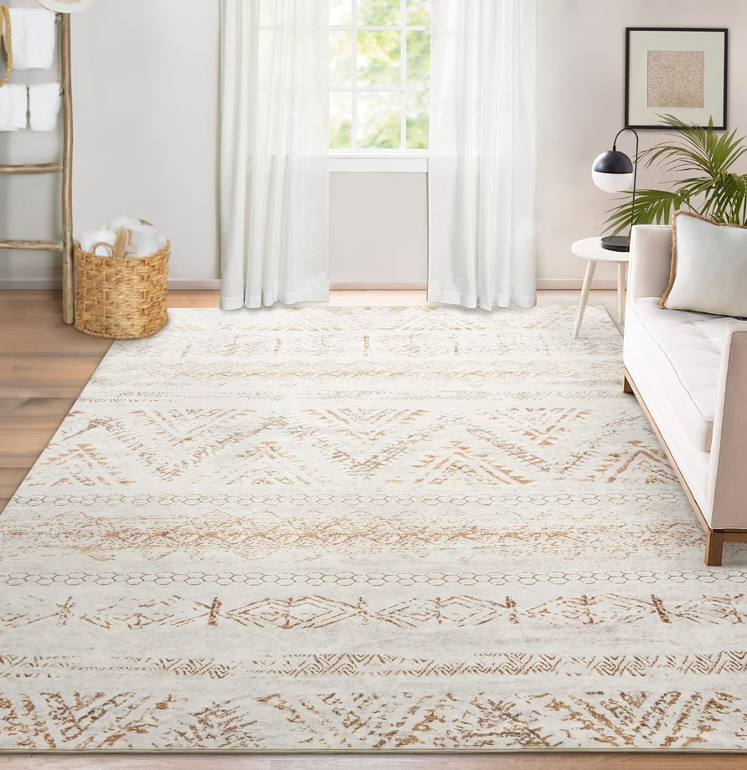 area rug living room carpet: 9x12 large moroccan soft fluffy geometric washable bedroom rugs dining room home office nursery low pile decor under kitchen table light brown/ivory