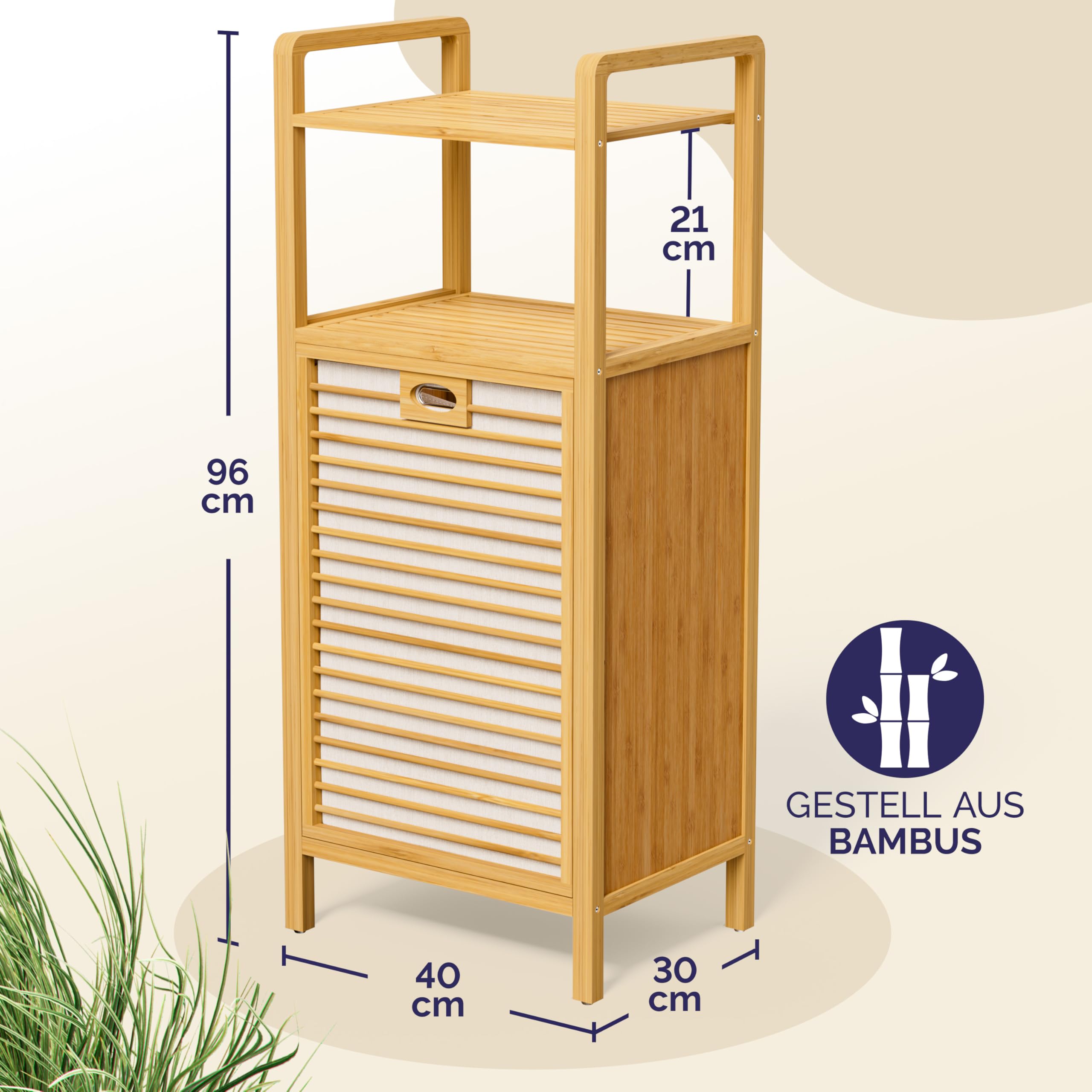 Casaria® Badregal mit Wäschekorb 40 L Wäschesammler Bambus Holz Wäschesack Herausnehmbar 96x40x30cm Groß Badezimmerregal 2 Ablagen Wäschebox Regal