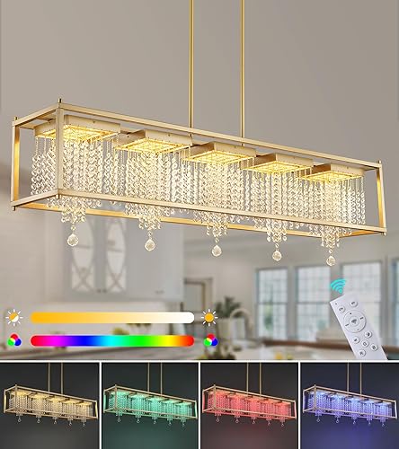 MEIXISUE Candelabros de cristal para comedor, lámpara rectangular moderna y contemporánea dorada para cocina, isla de comedor, bar, luz RGB que