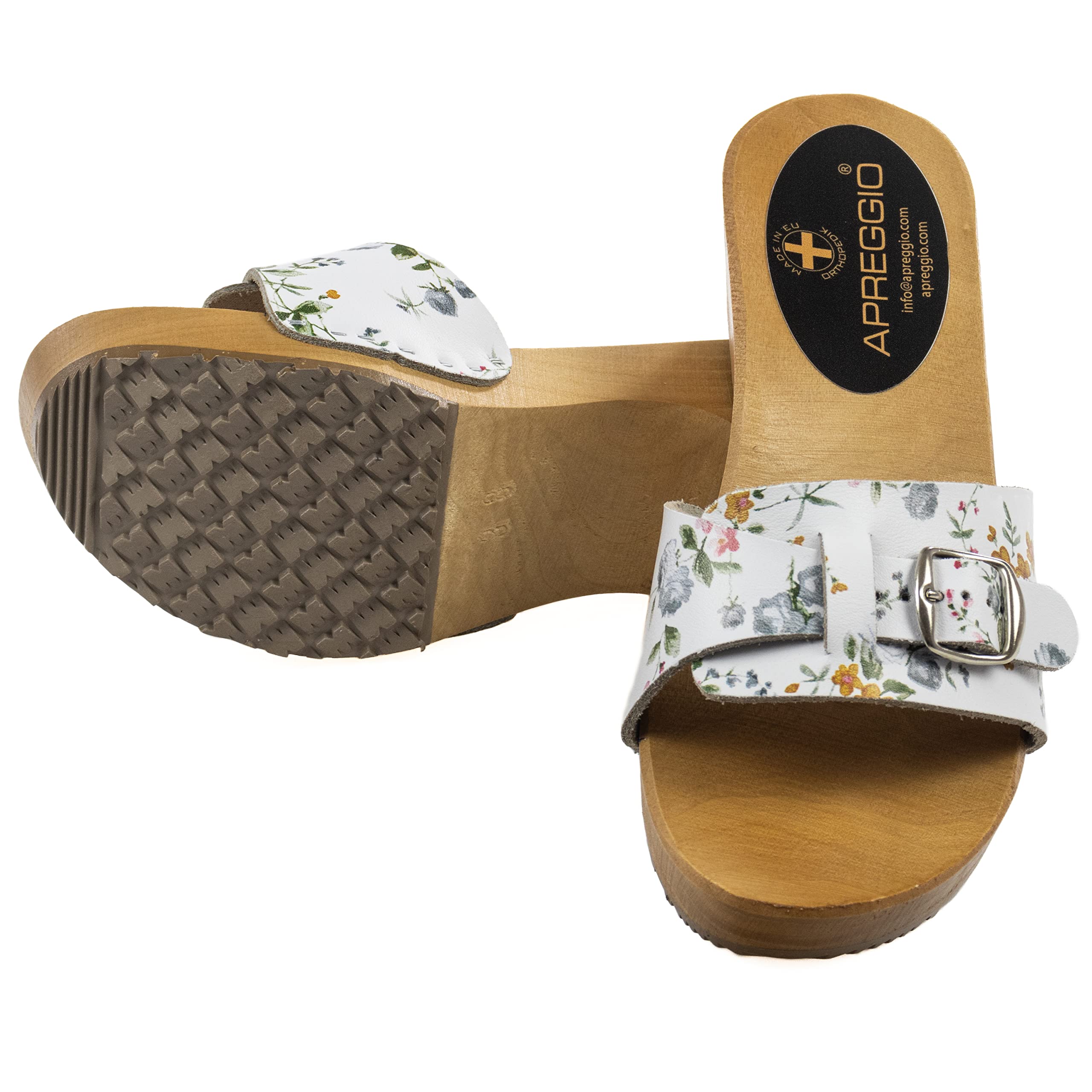 APREGGIO Zoccoli da Donna in Pelle Liscia - Eleganti Sandali Estivi da Donna con Tacco Alto - Stile Svedese - Punta Aperta - Suola in Legno - per L'Estate - Bianco con Fiori