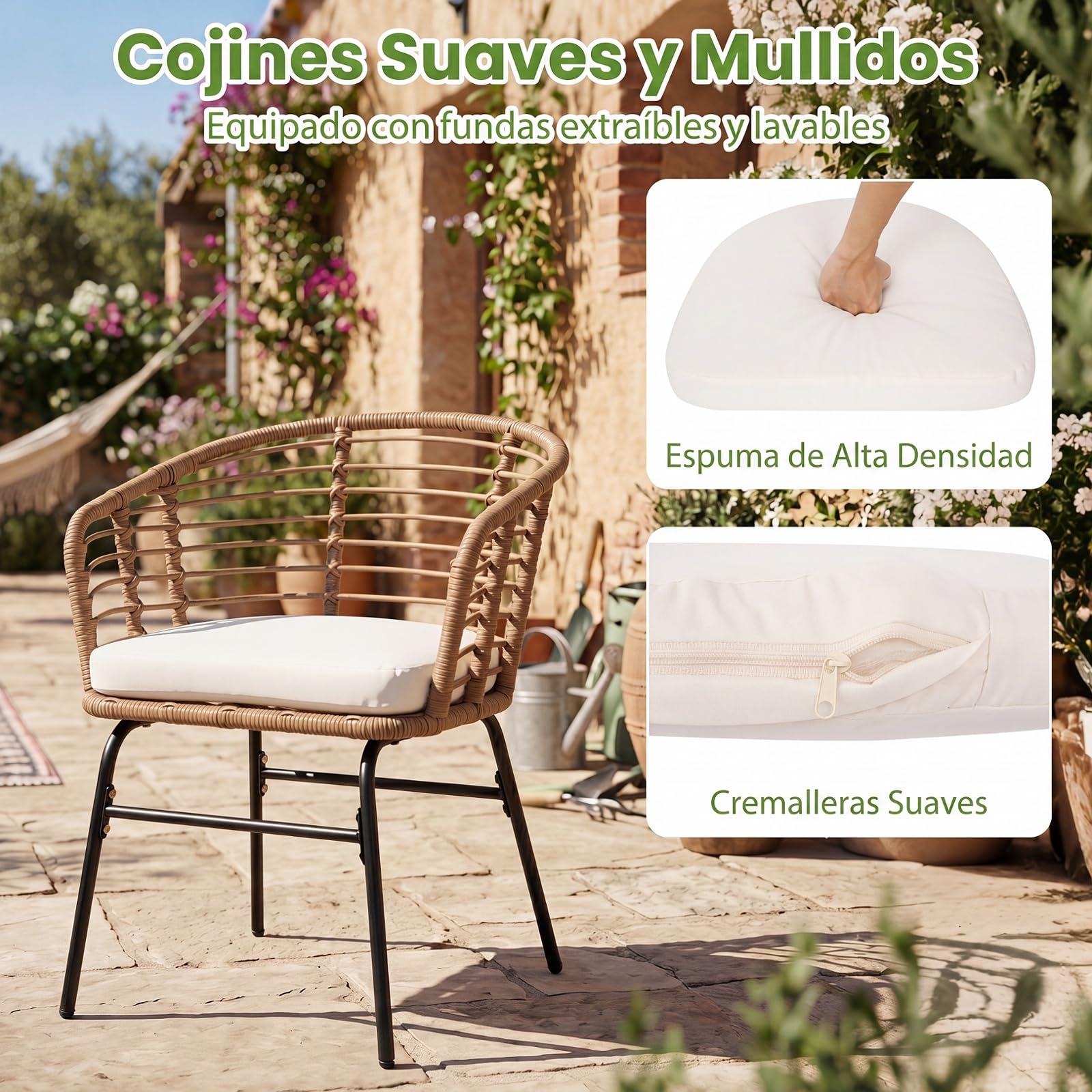 COSTWAY Conjunto Jardín Exterior, Conjunto de Mesa y Sillas Exterior de Ratán PE con Cojines Suaves, Estructura de Metal y Tablero de Vidrio Templado, Muebles de Jardín para Patio, Terraza