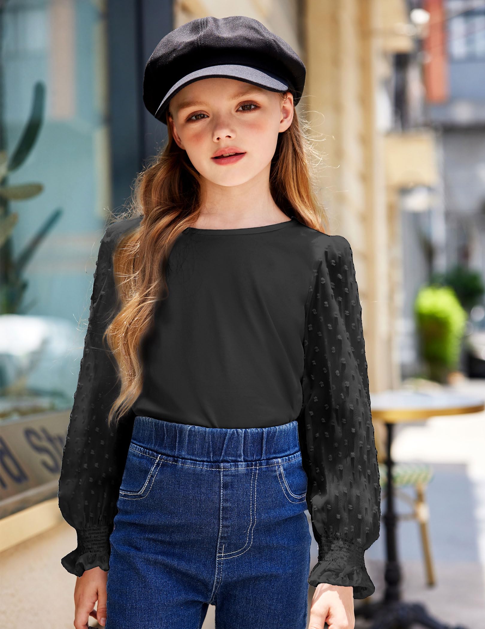 Arshiner Camicia a Maniche Lunghe da Ragazza con Polsini con Volant a Punto Smock, Pois svizzeri, Magliette per Bambini, graziosa Camicetta Girocollo per Ragazze 5-12 Anni