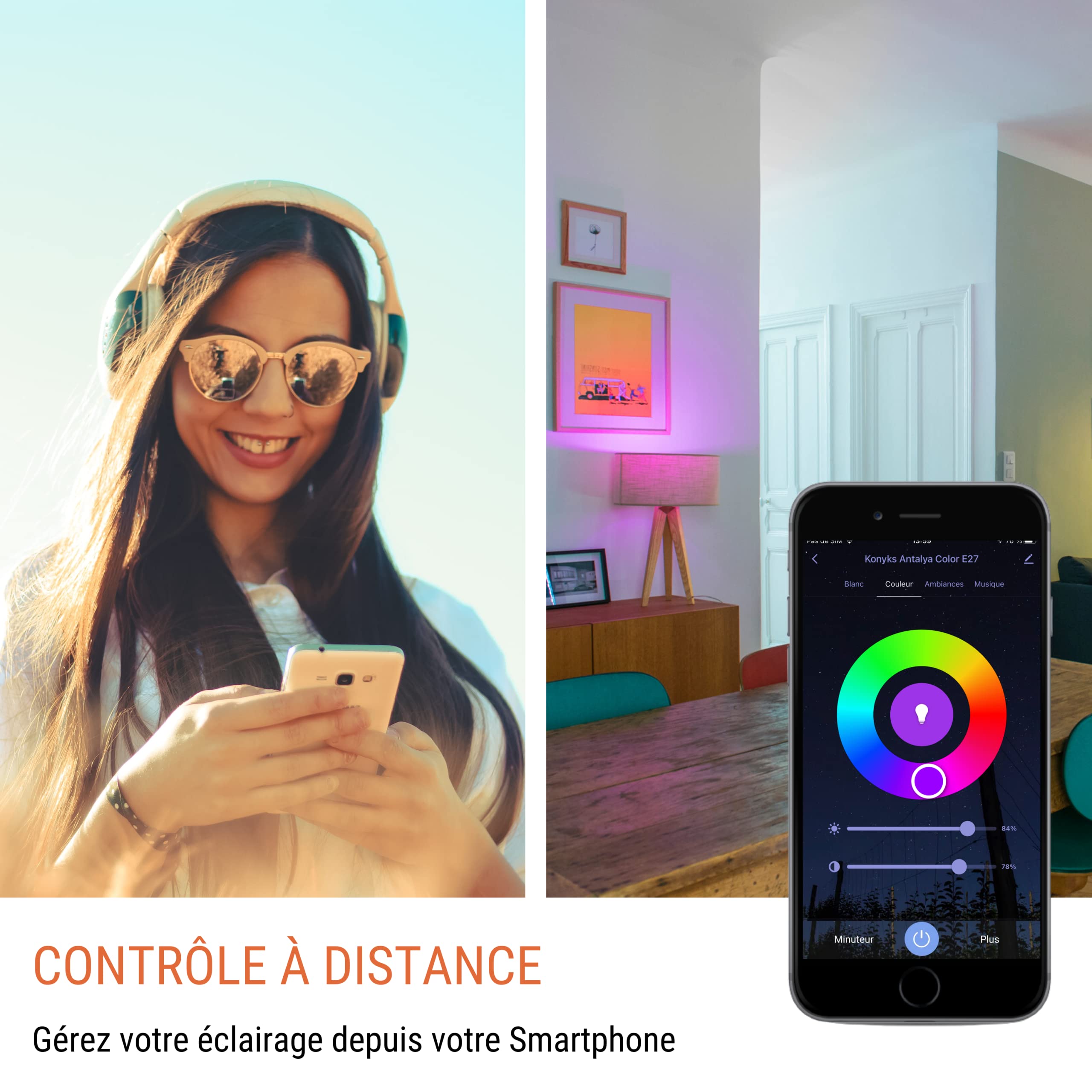 Konyks Antalya Color E27 - LED WiFI + BT, 1055 lumenów, 11 W, kolory + regulowany biały, kompatybilny z Alexa lub Google Home, łatwa automatyzacja