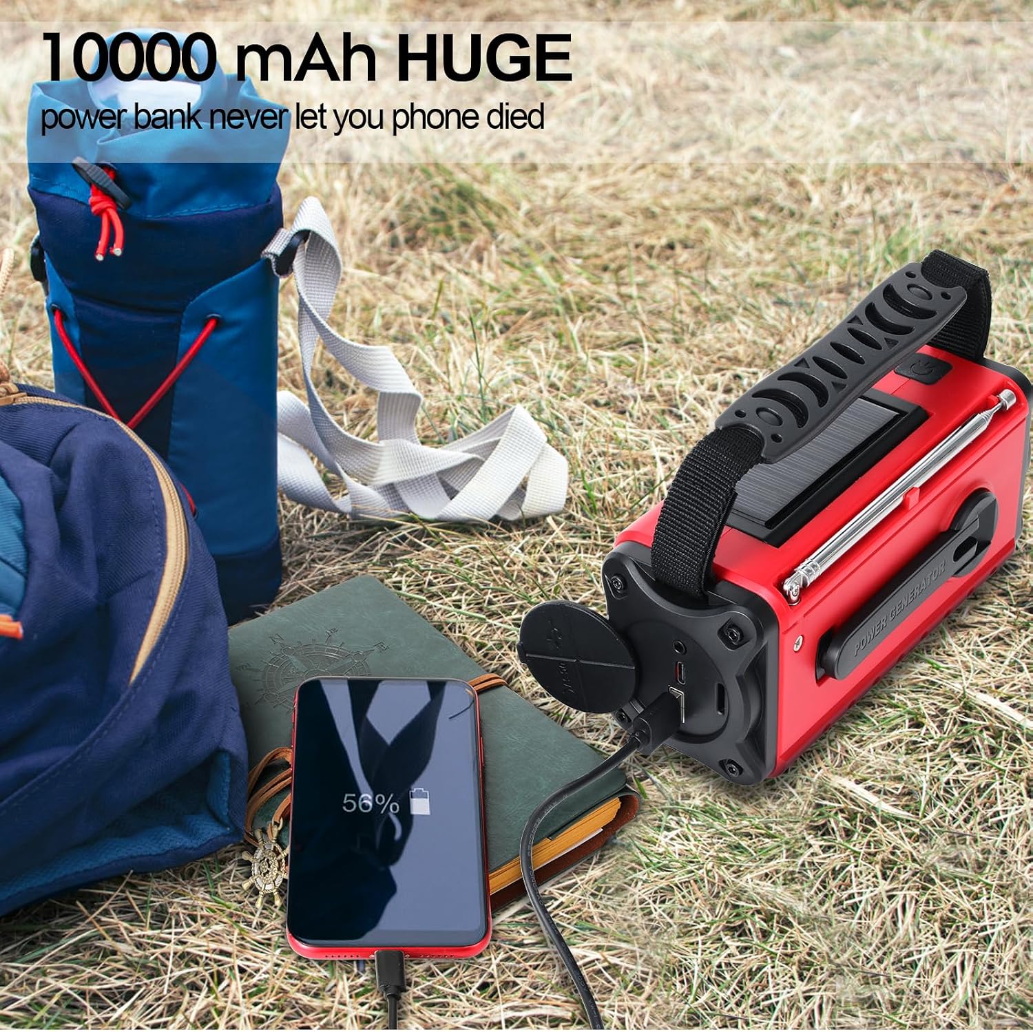 Aivica XSY340 radio charging a smartphone outdoors, with text indicating '10000 mAh HUGE power bank never let you phone died'.