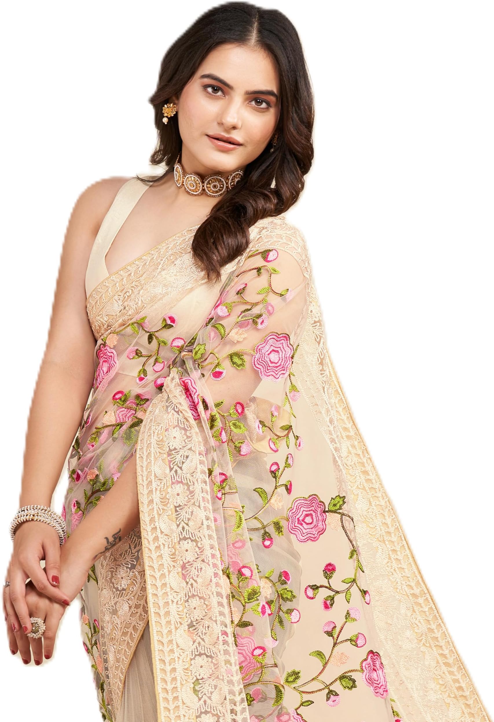 Women Sweet Lastest Georgette Embroidery Floral Pattern Elegant Saree With Unstitched Blouse (6079)
