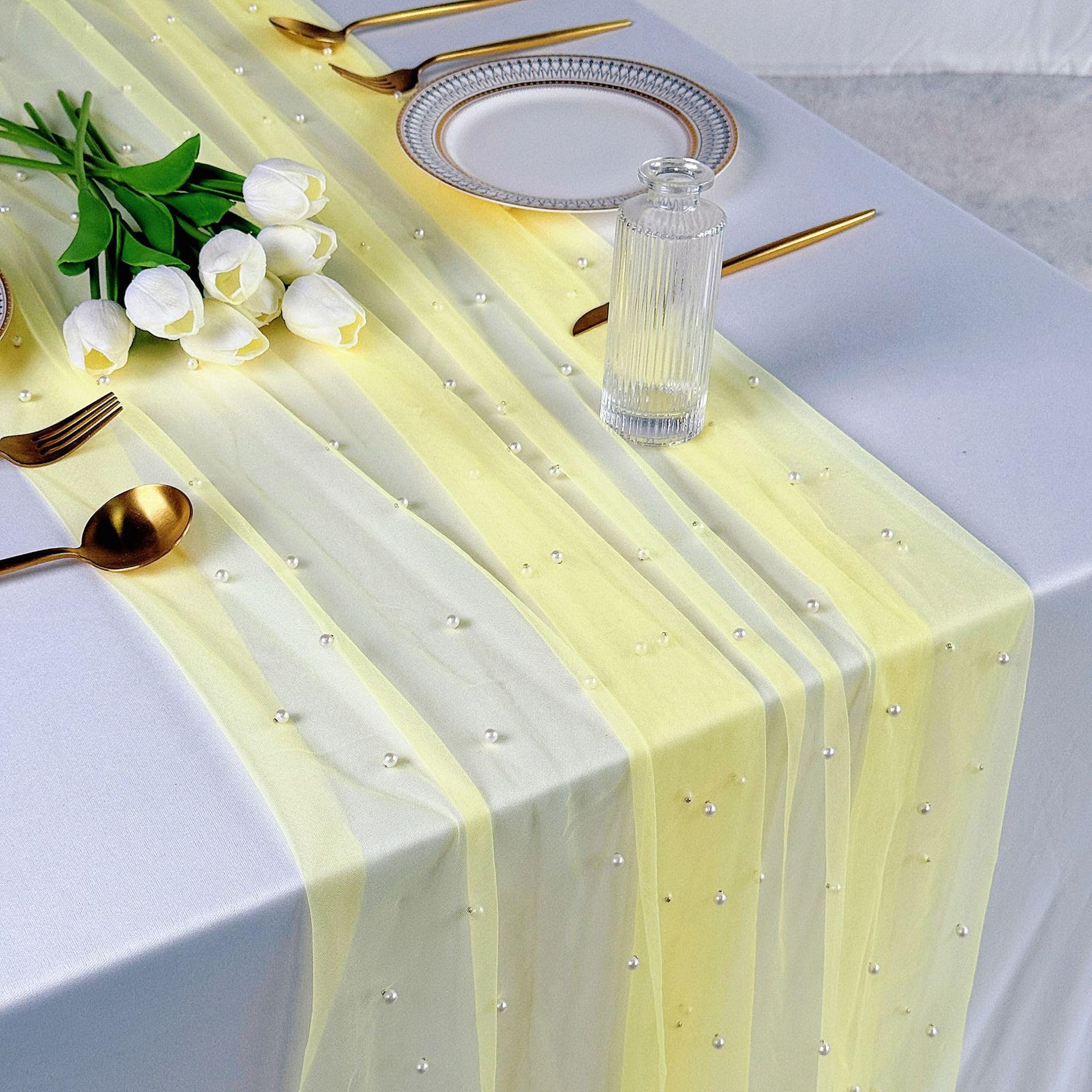 Plancholo Pearl Table Runner 118 Inches Long Yellow Boho Rustic Tulle Table Runner with White Pearls for Wedding Birthday Party Table Decor, 30x118 Inches